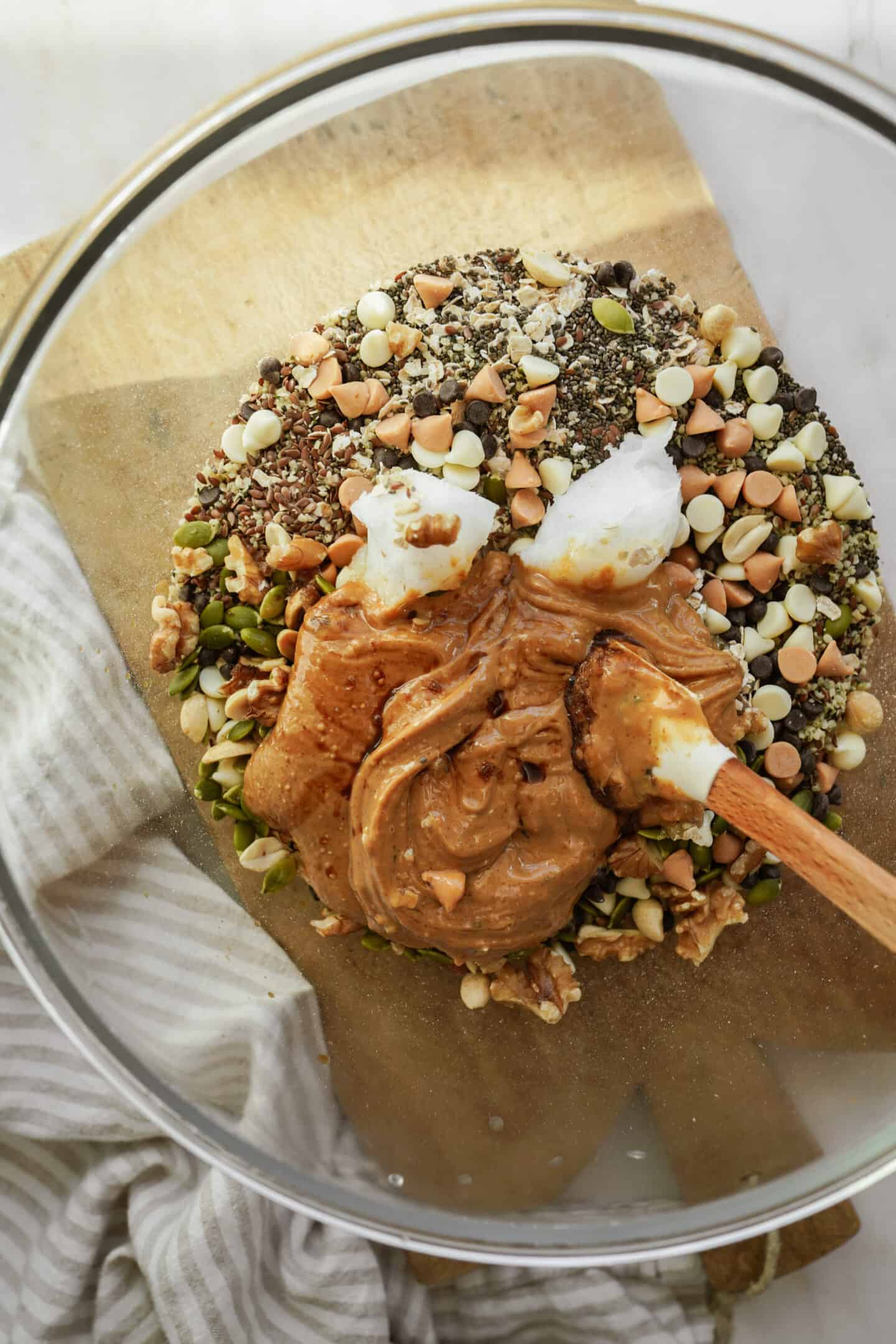 Ingredients for no-bake granola bars in a bowl