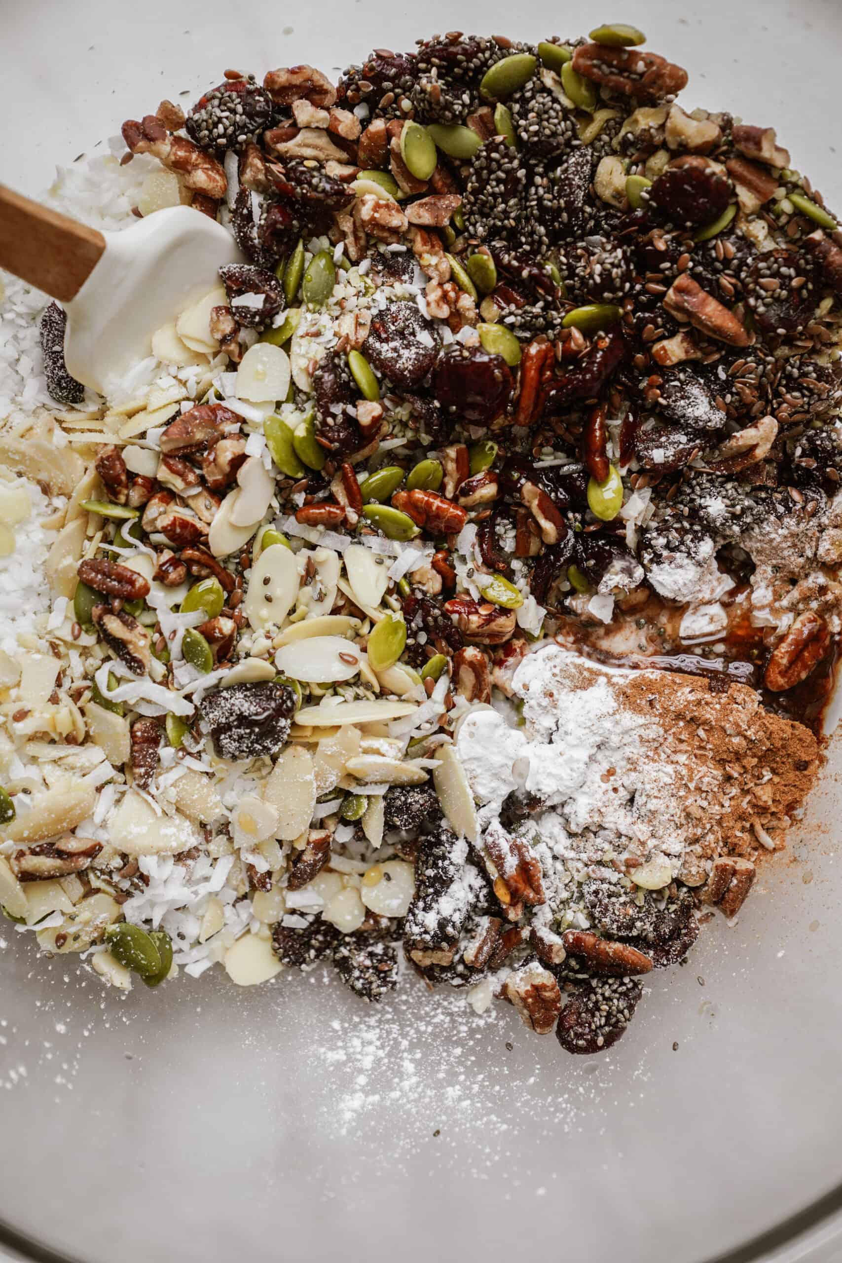 paleo granola in mixing bowl