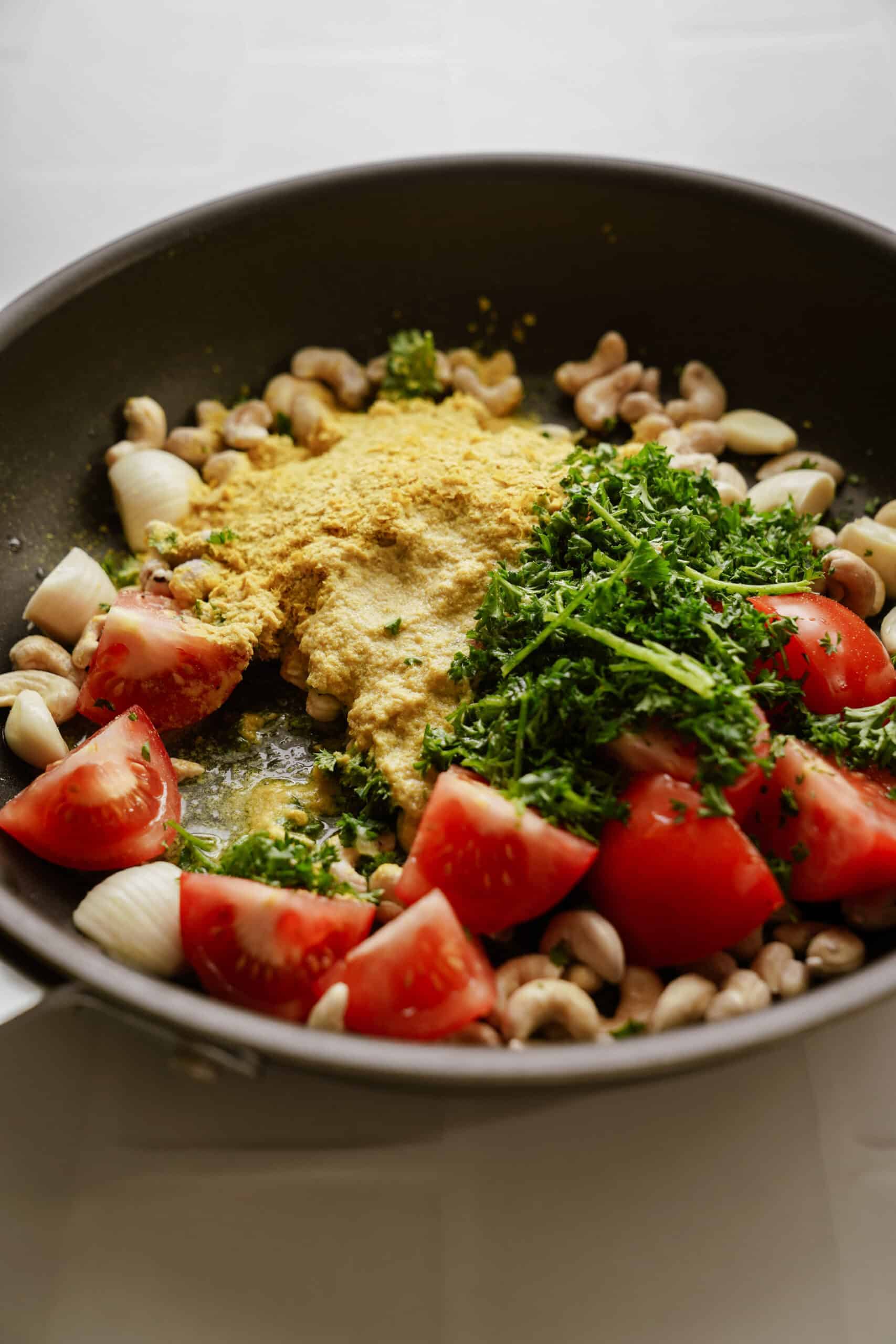 Ingredients in pan for spaghettini recipe