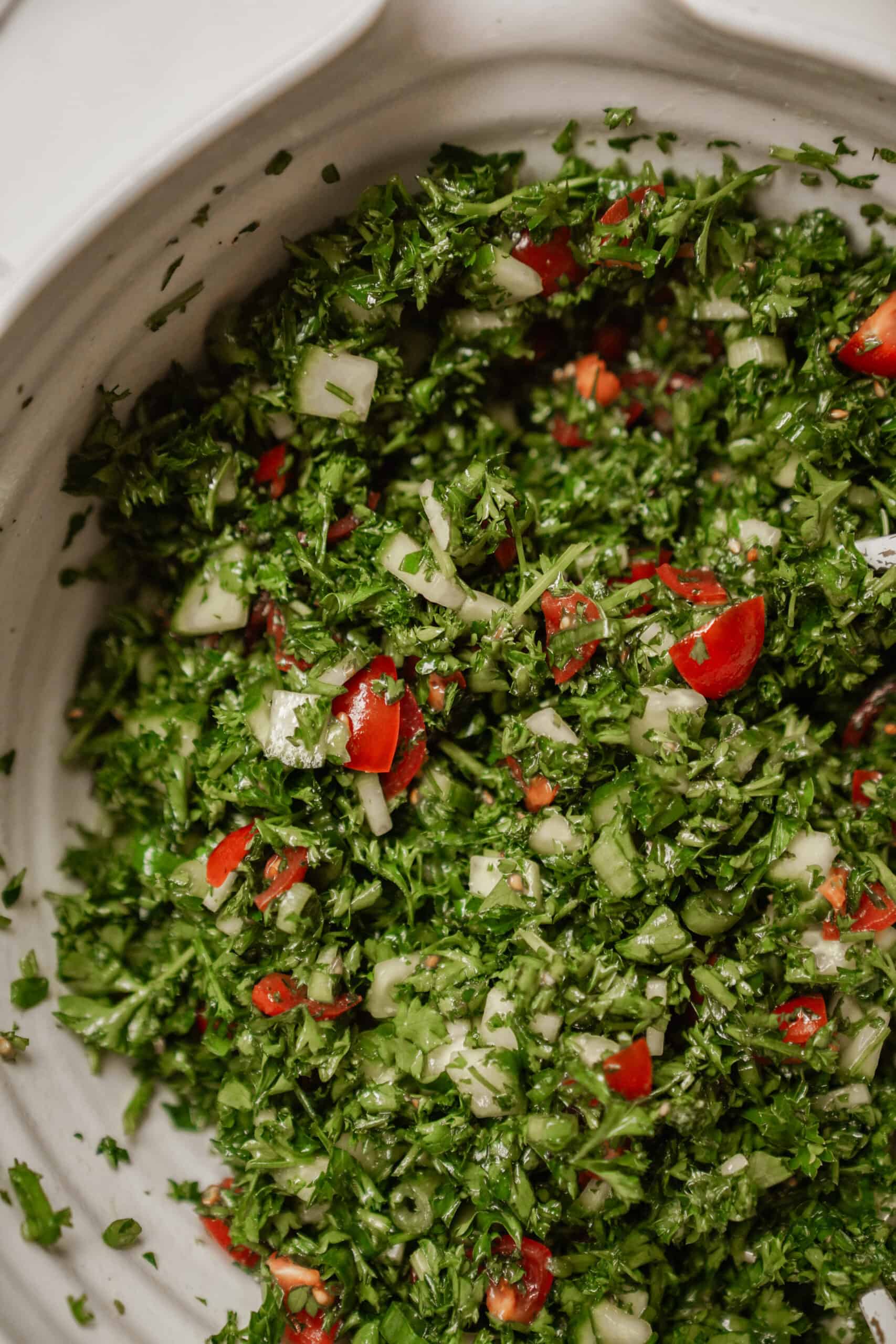 Tabouleh Salad close-up in a white bowl