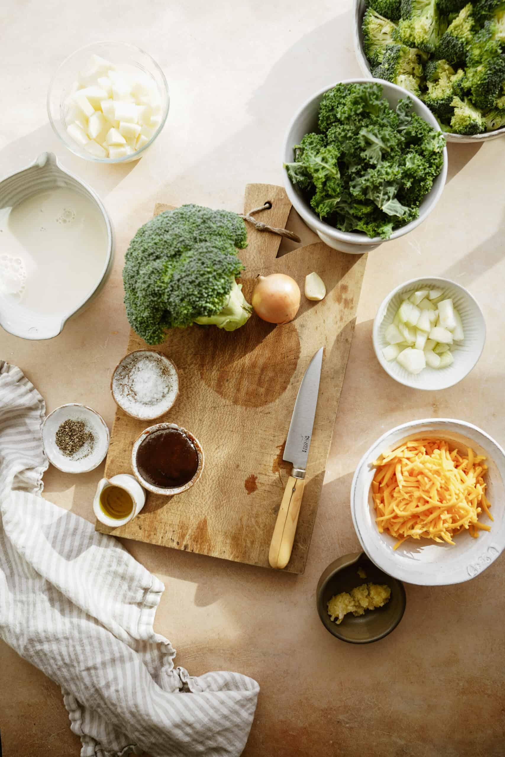 Ingredients for broccoli soup on counter