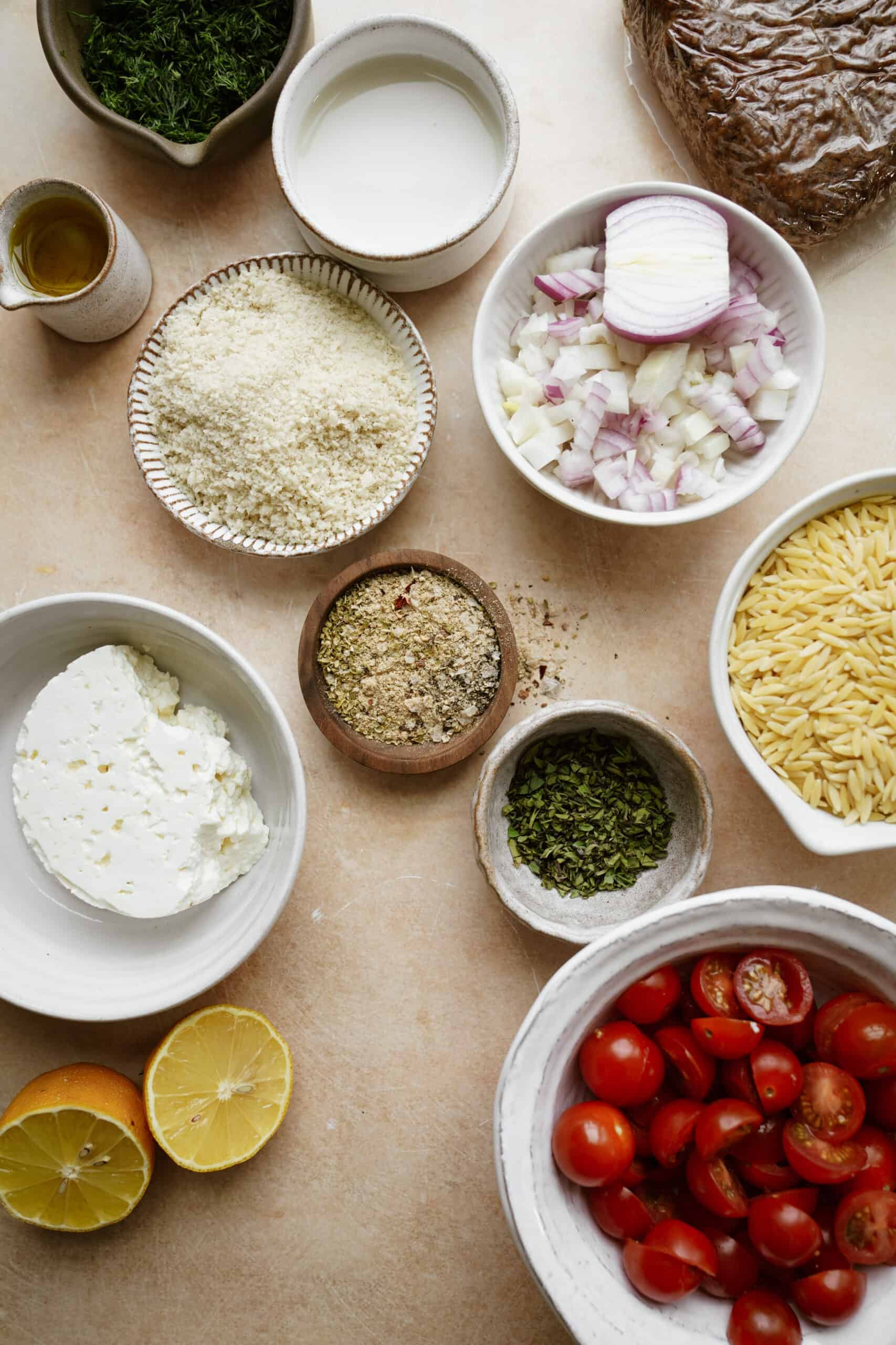 Ingredients for vegan greek meatballs on counter