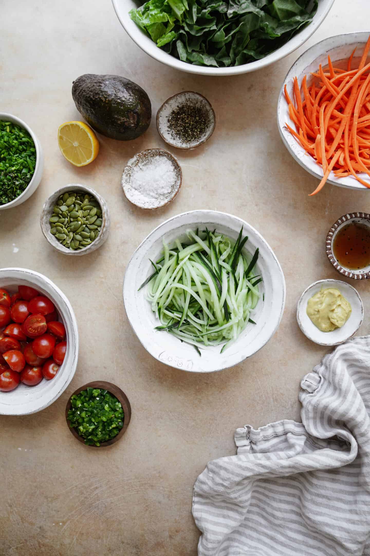 Fresh ingredients on counter for chopped salad