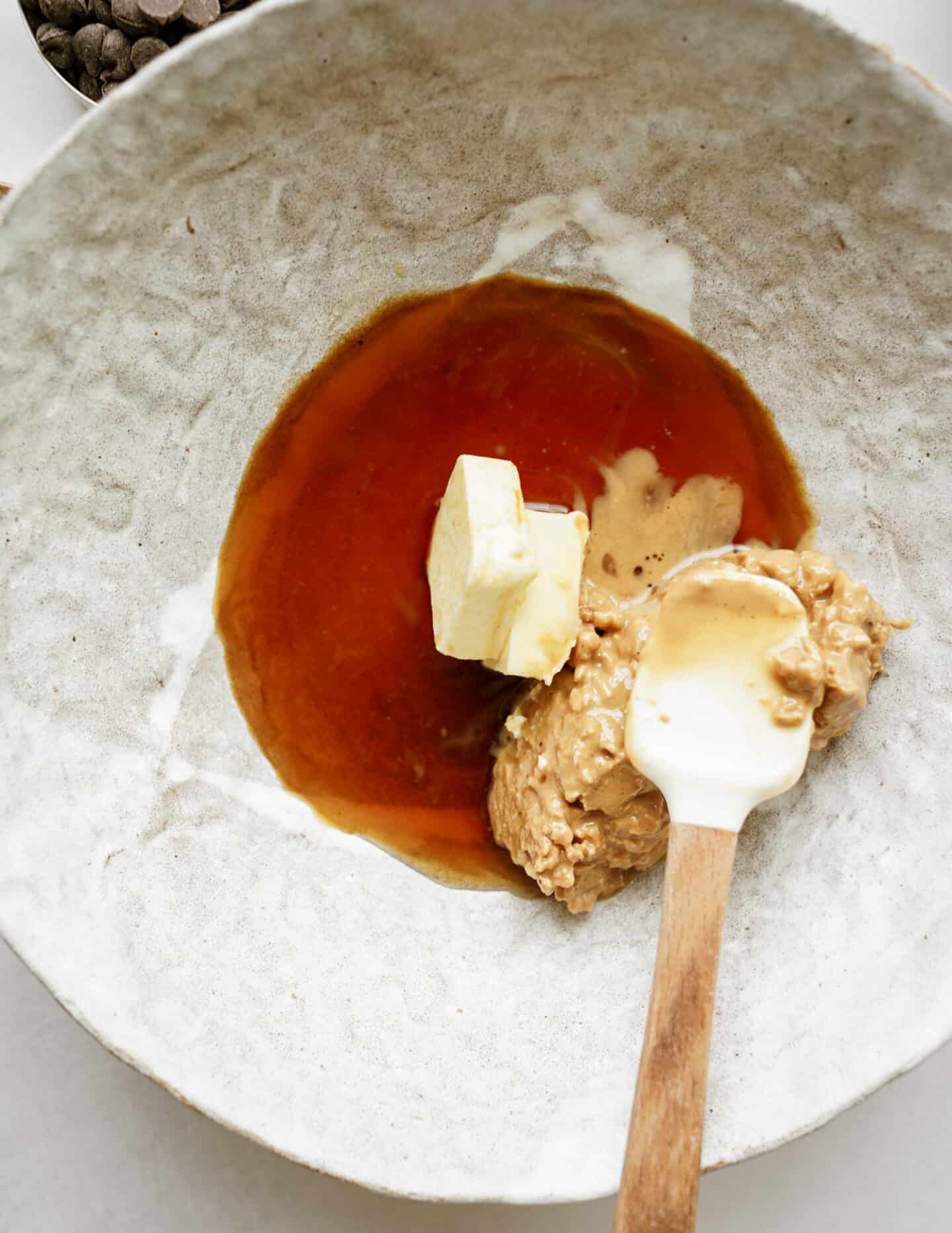 Wet ingredients for edible cookie dough in a bowl
