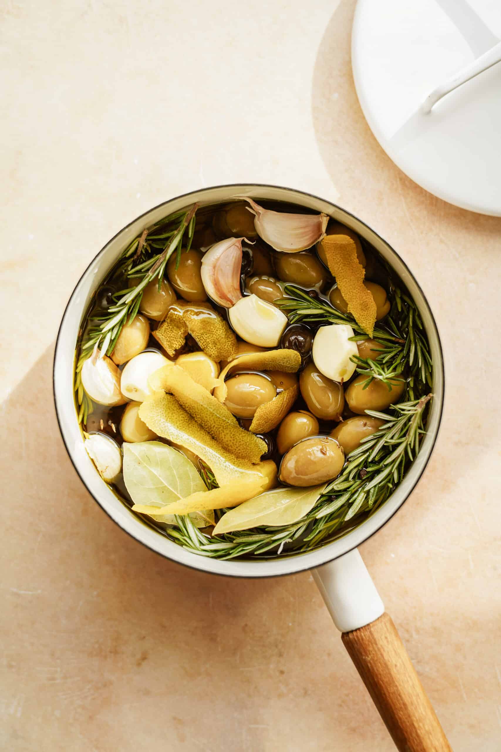 Marinated olives in pot