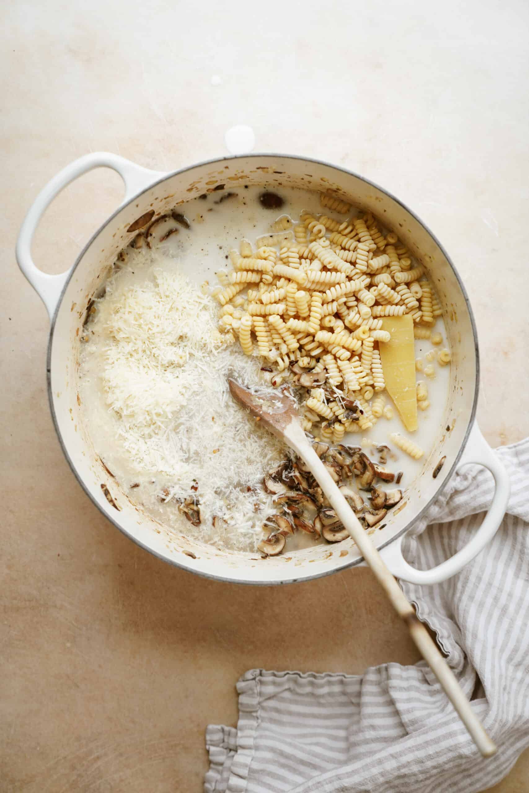 mushroom pasta ingredients in pot