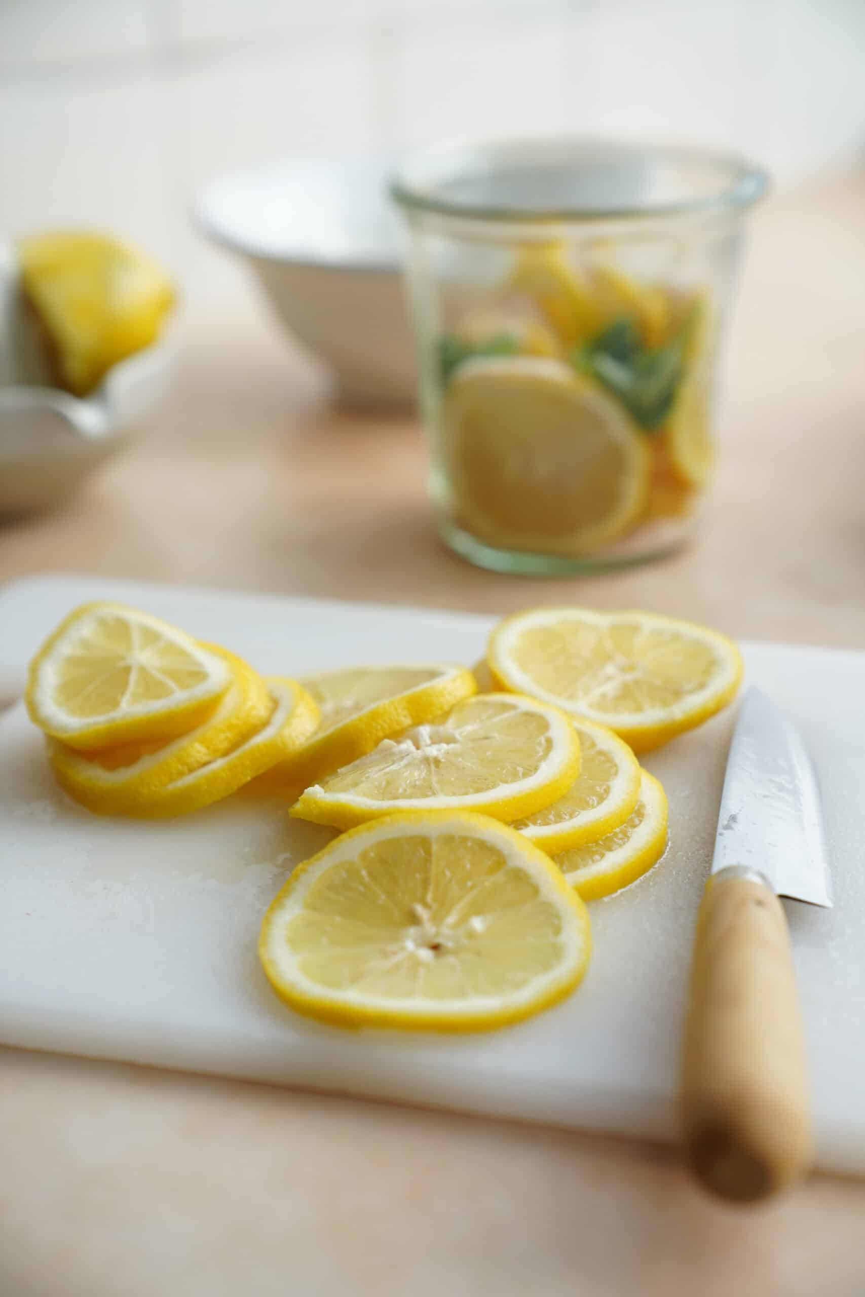 Chopped lemons on cutting board