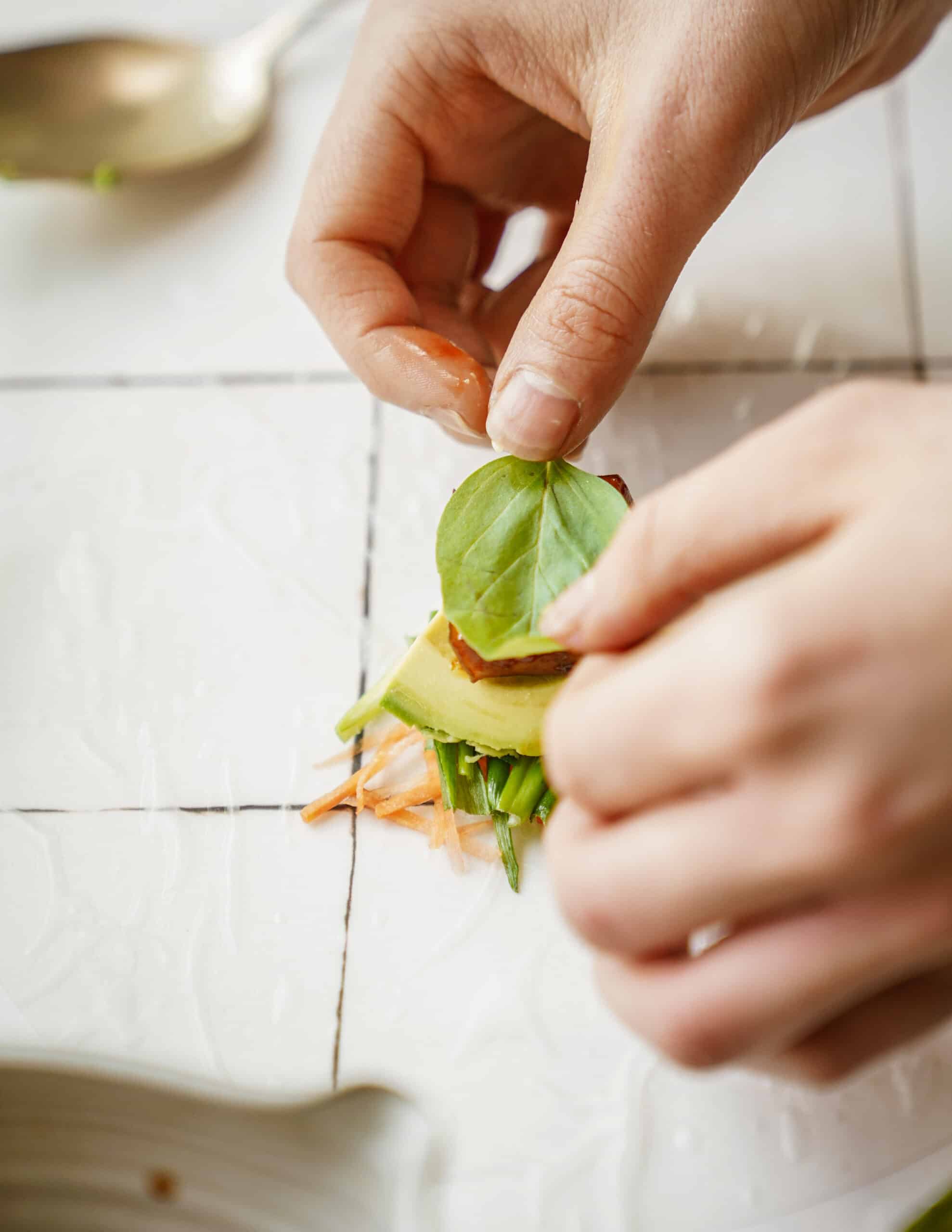 basil leaf on tofu spring roll