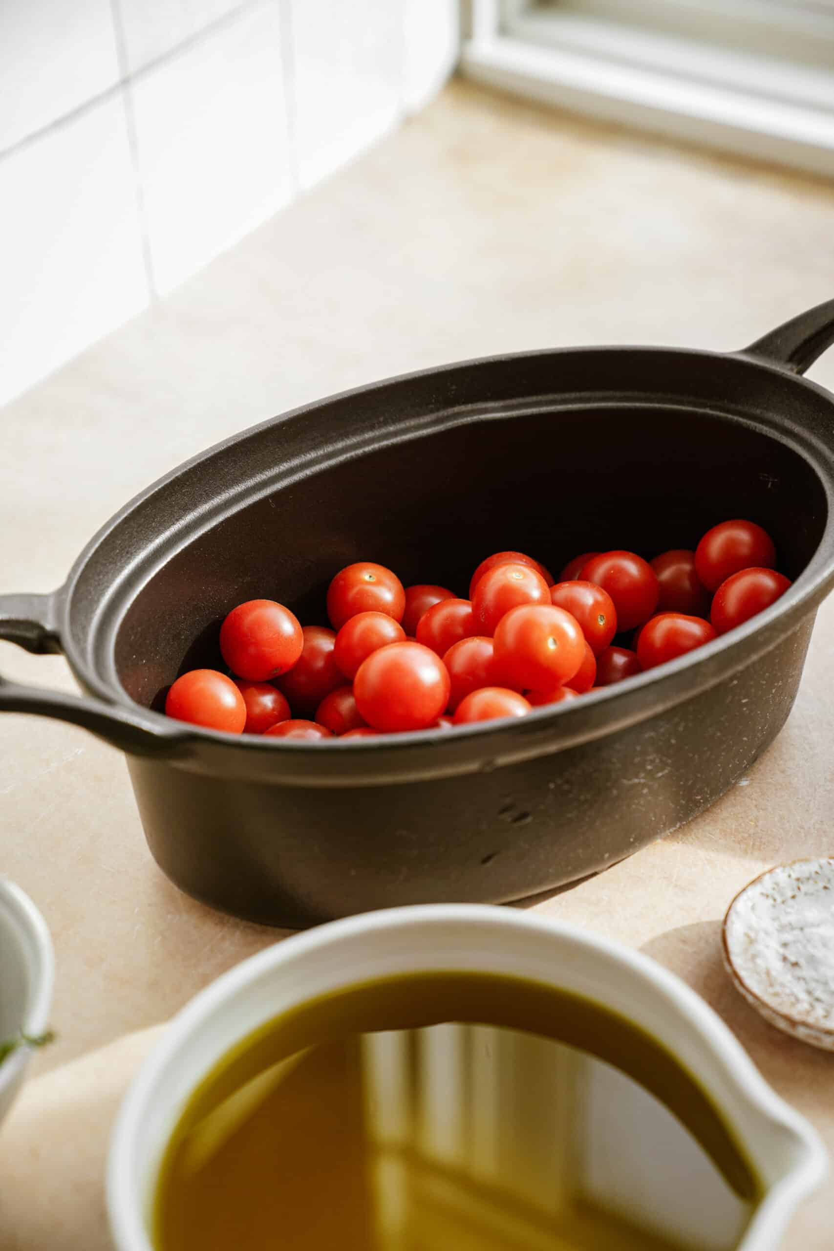 cherry tomatoes in roasting pan
