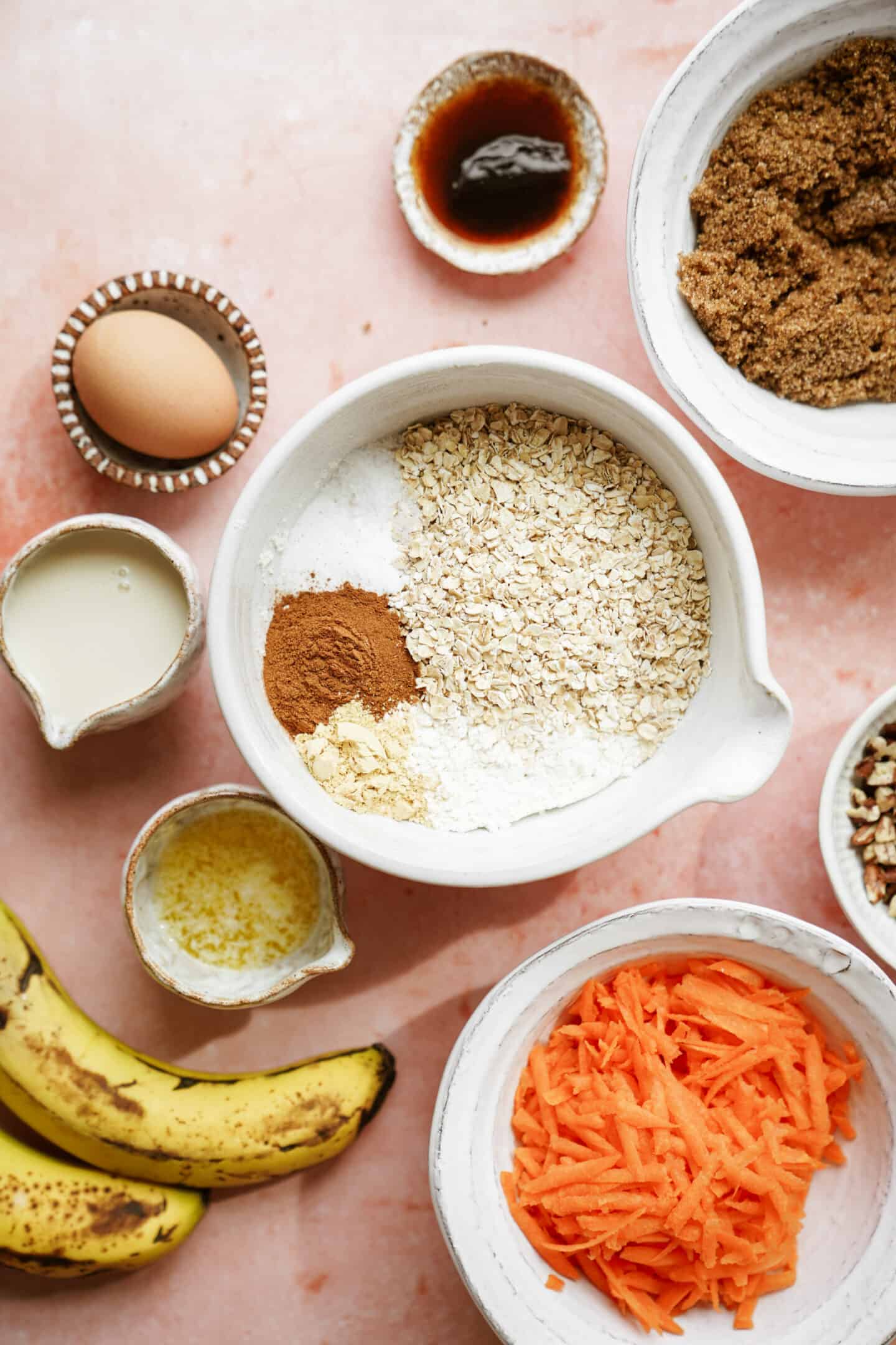 Ingredients for carrot cake banana bread laid out on counter