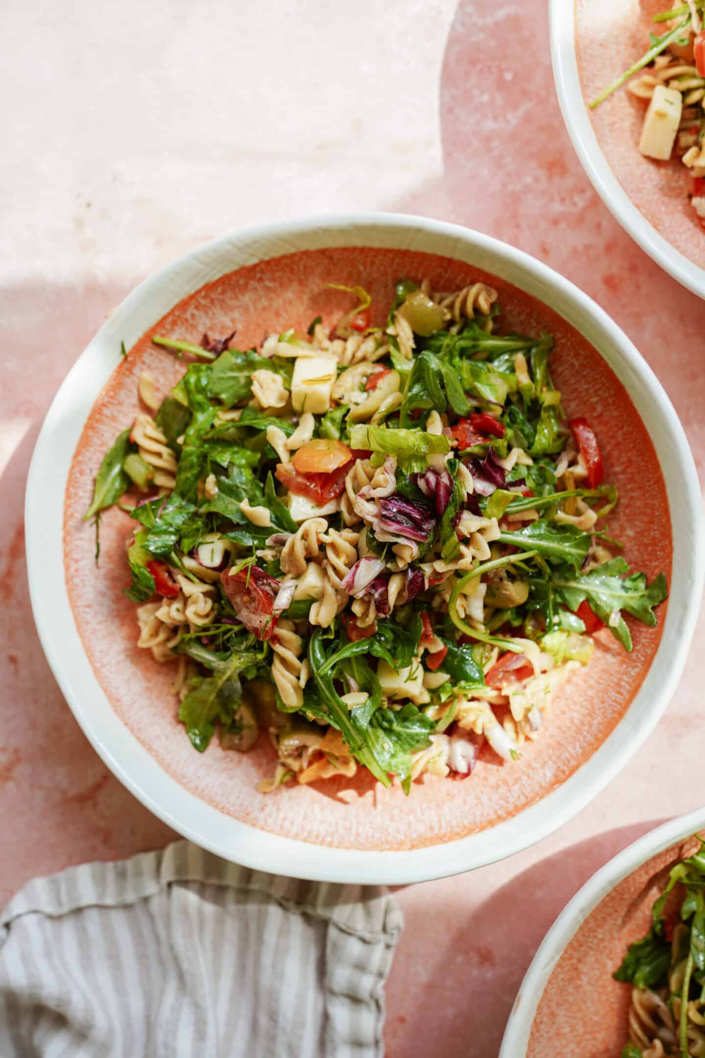 Chickpea pasta salad in a big serving bowl