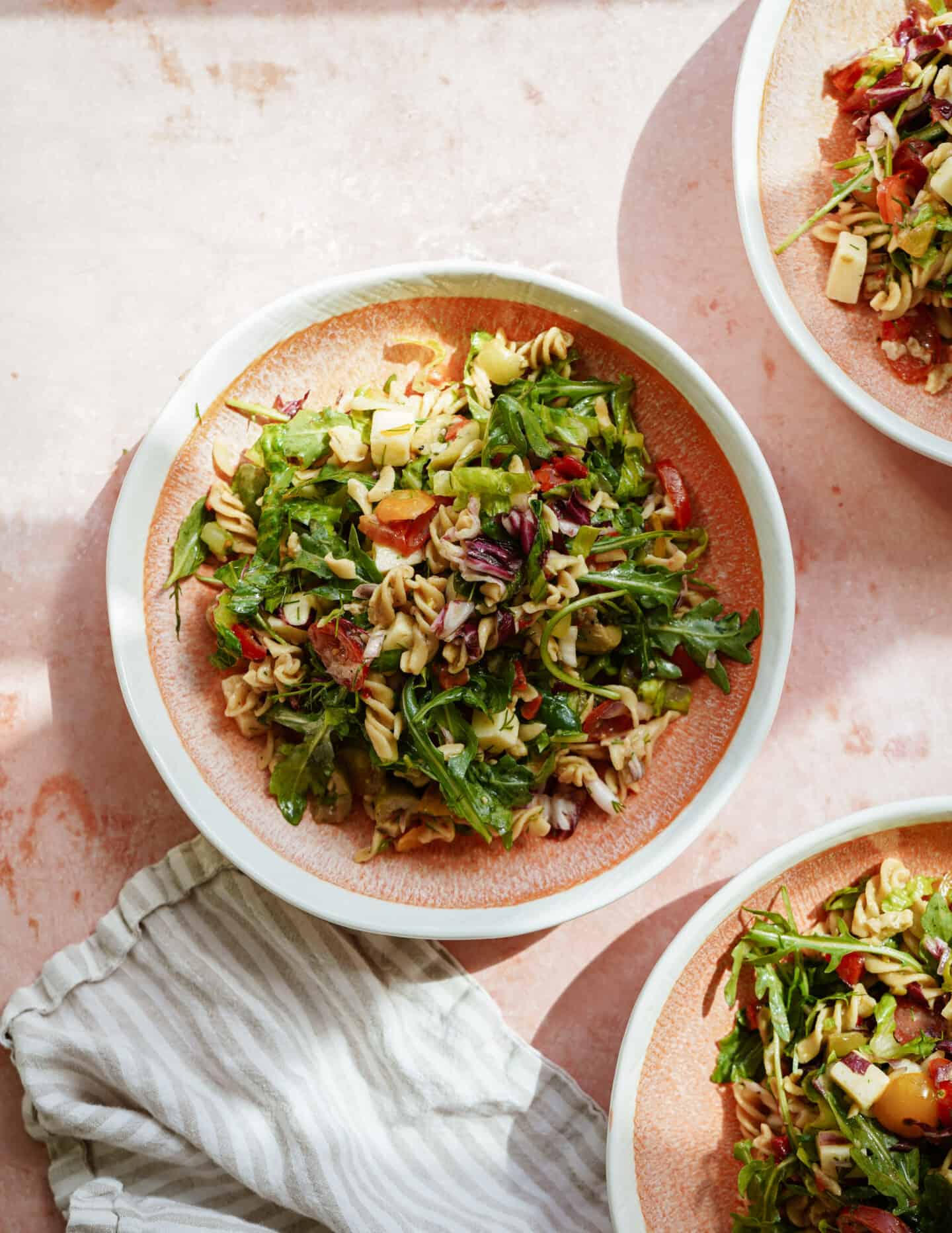 Chickpea pasta salad in a big serving bowl