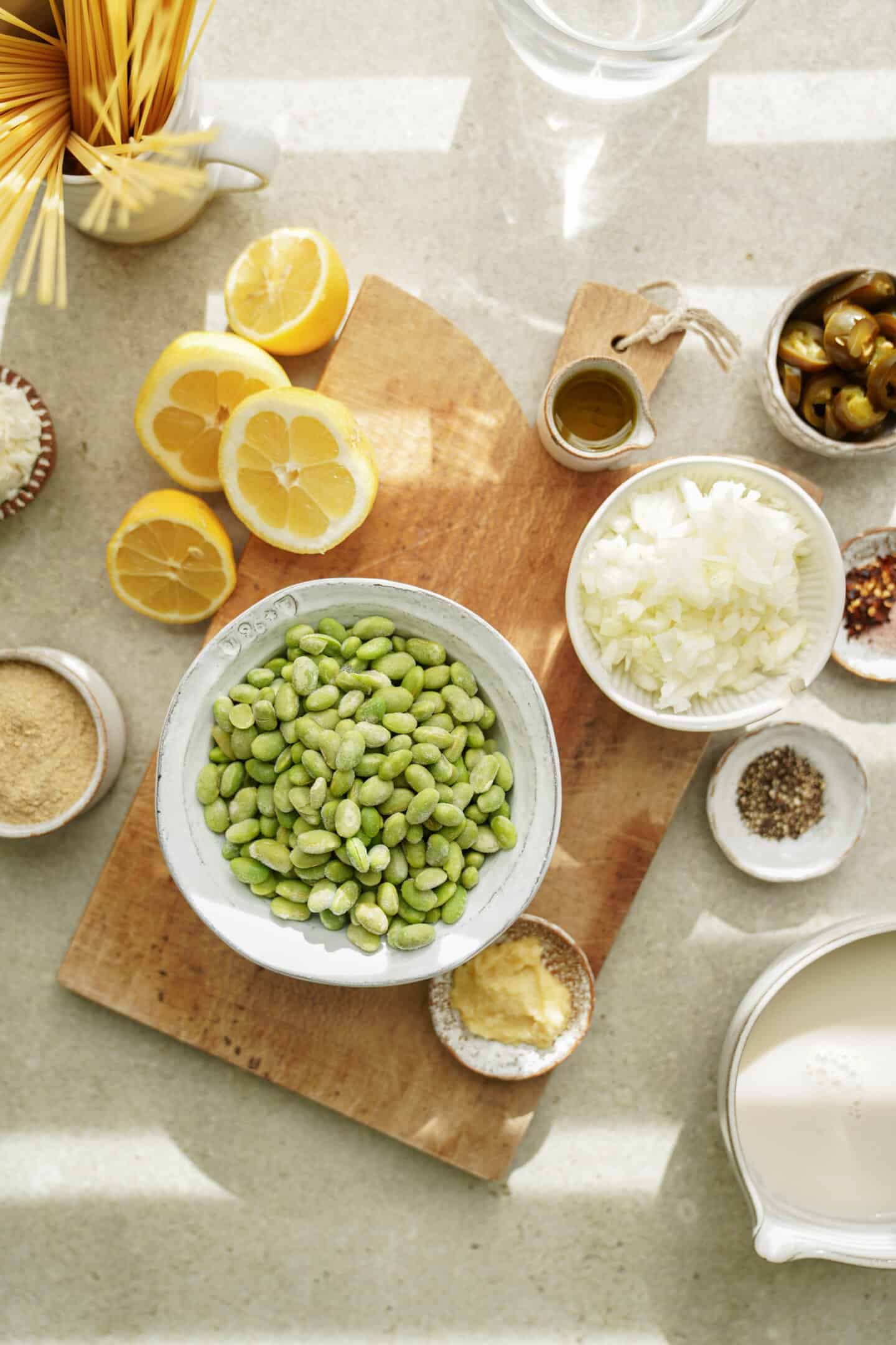 Ingredients for edamame pasta on counter