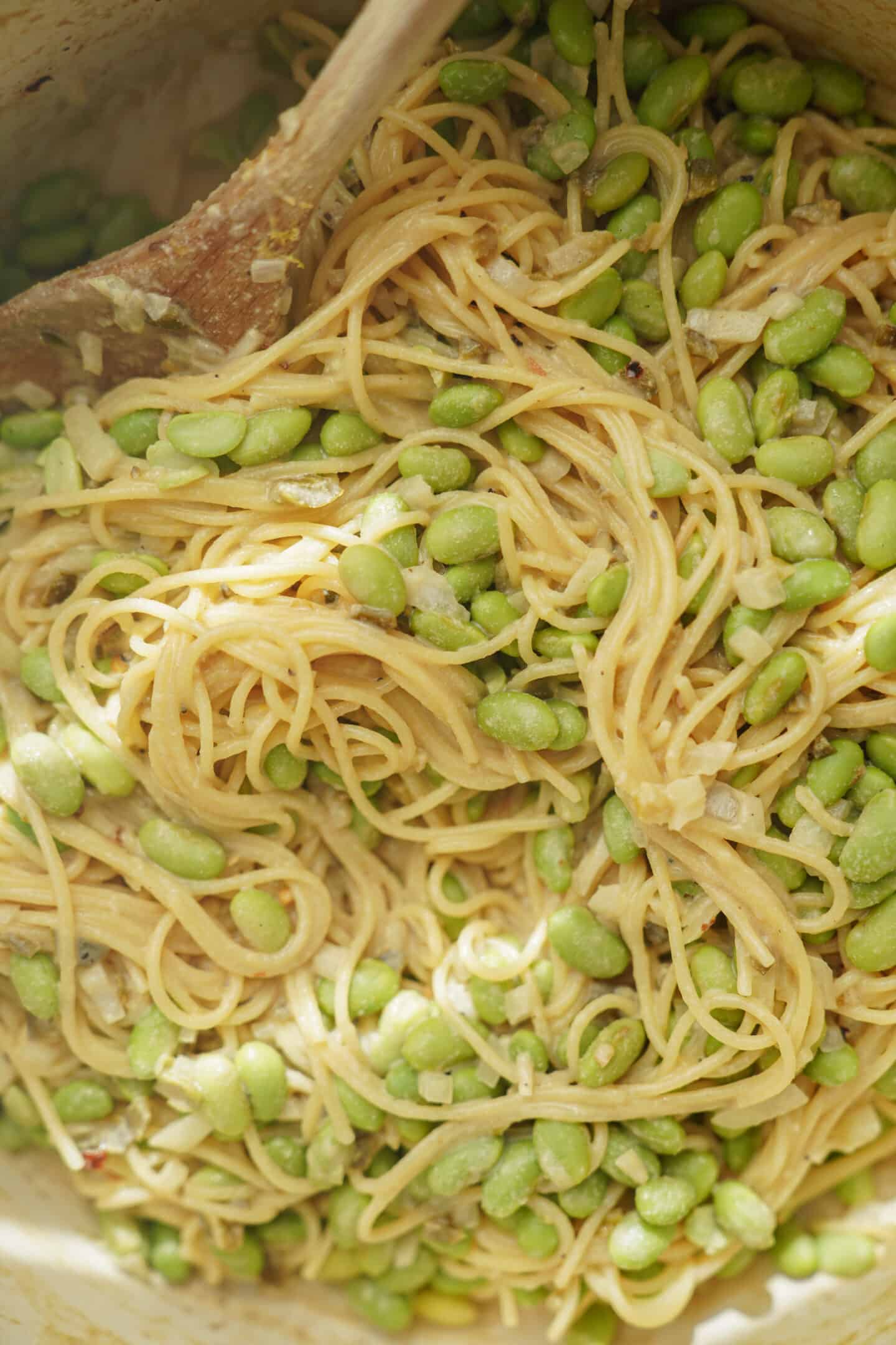 Close-up of edamame pasta