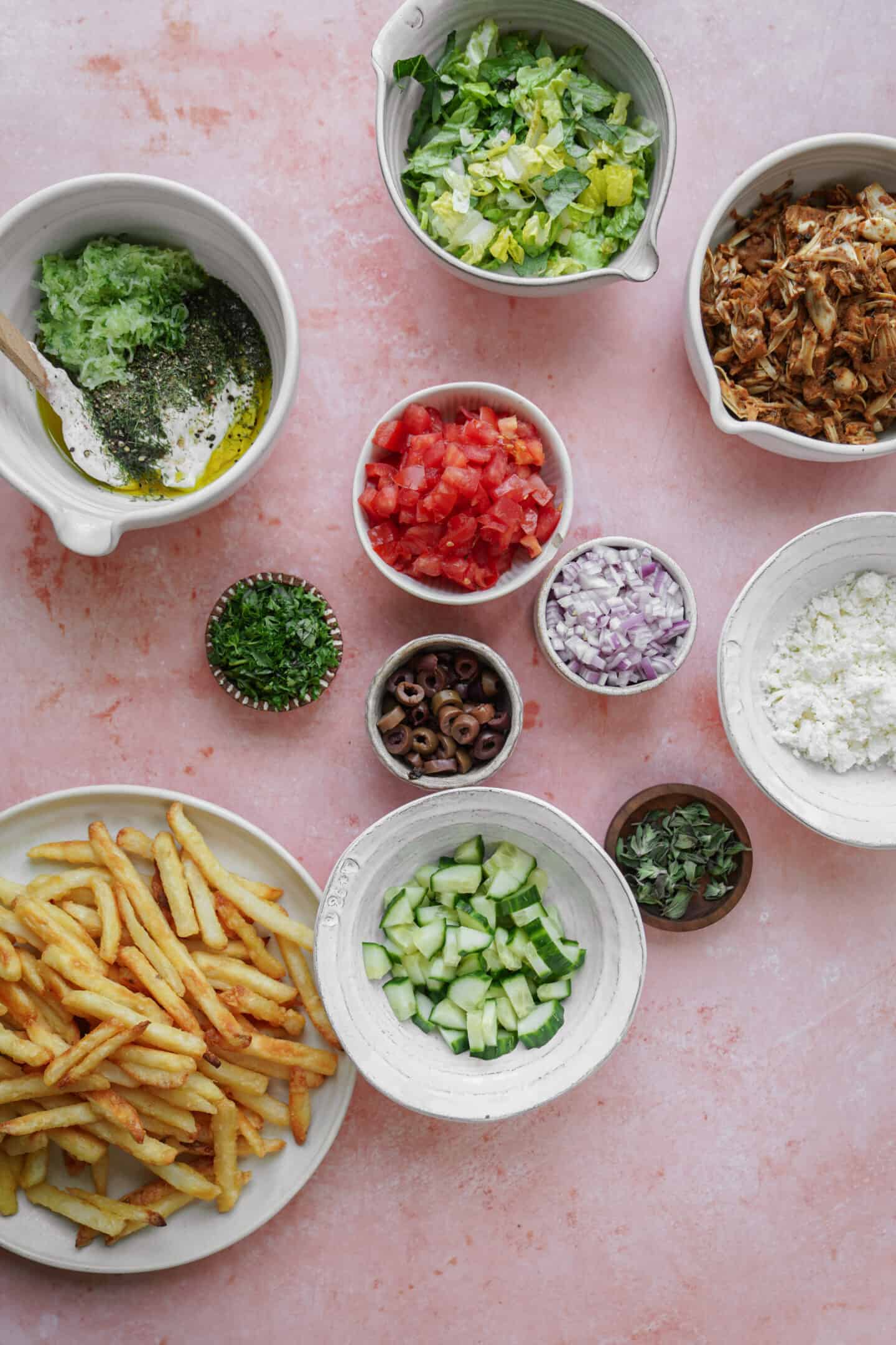 Close-up of ingredients of gyro fries