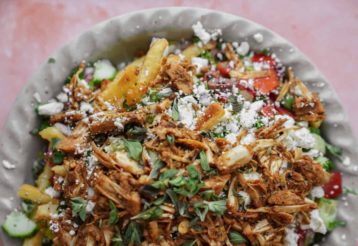 Close-up of gyro fries on a plate