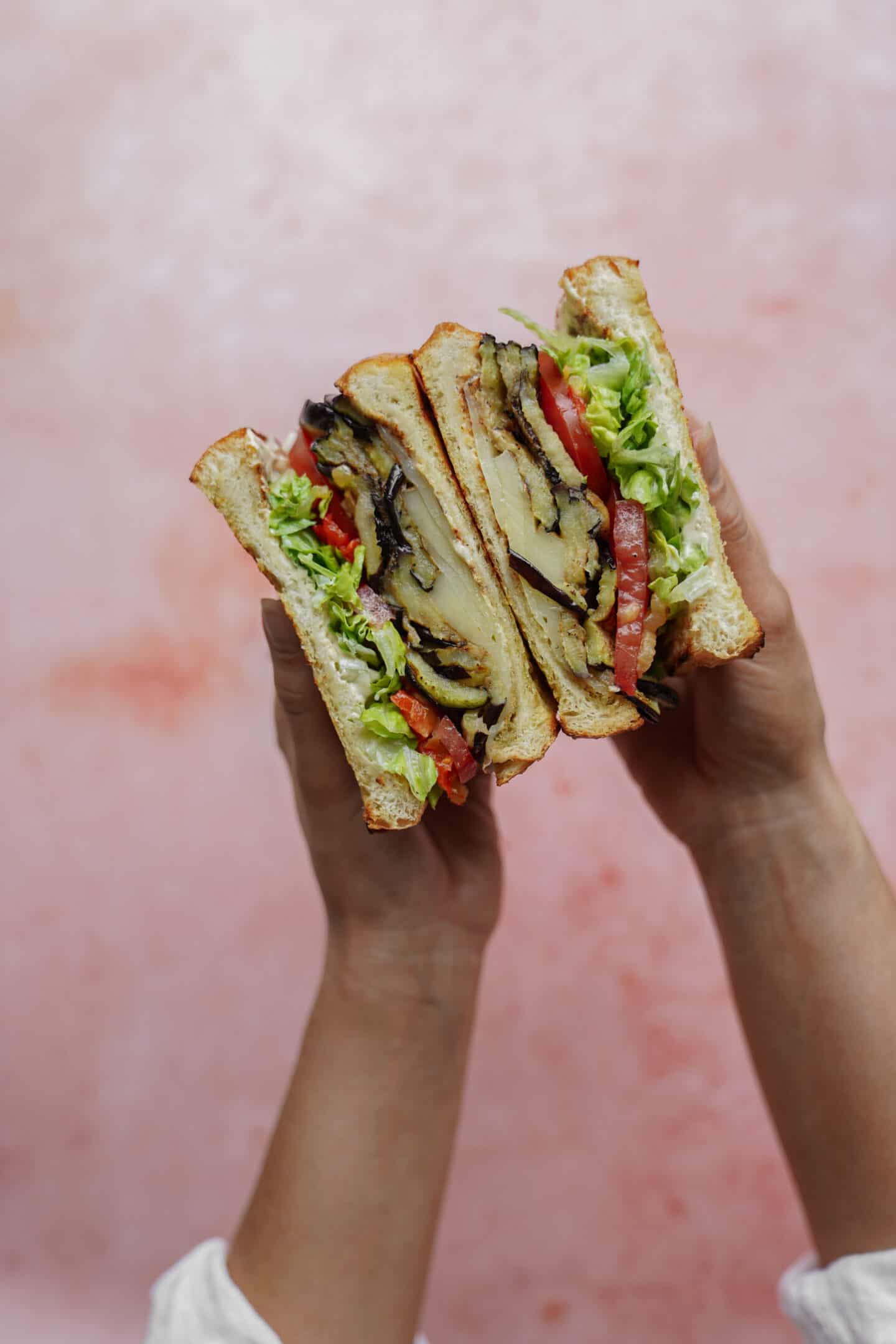 Hands holding a ham sandwich