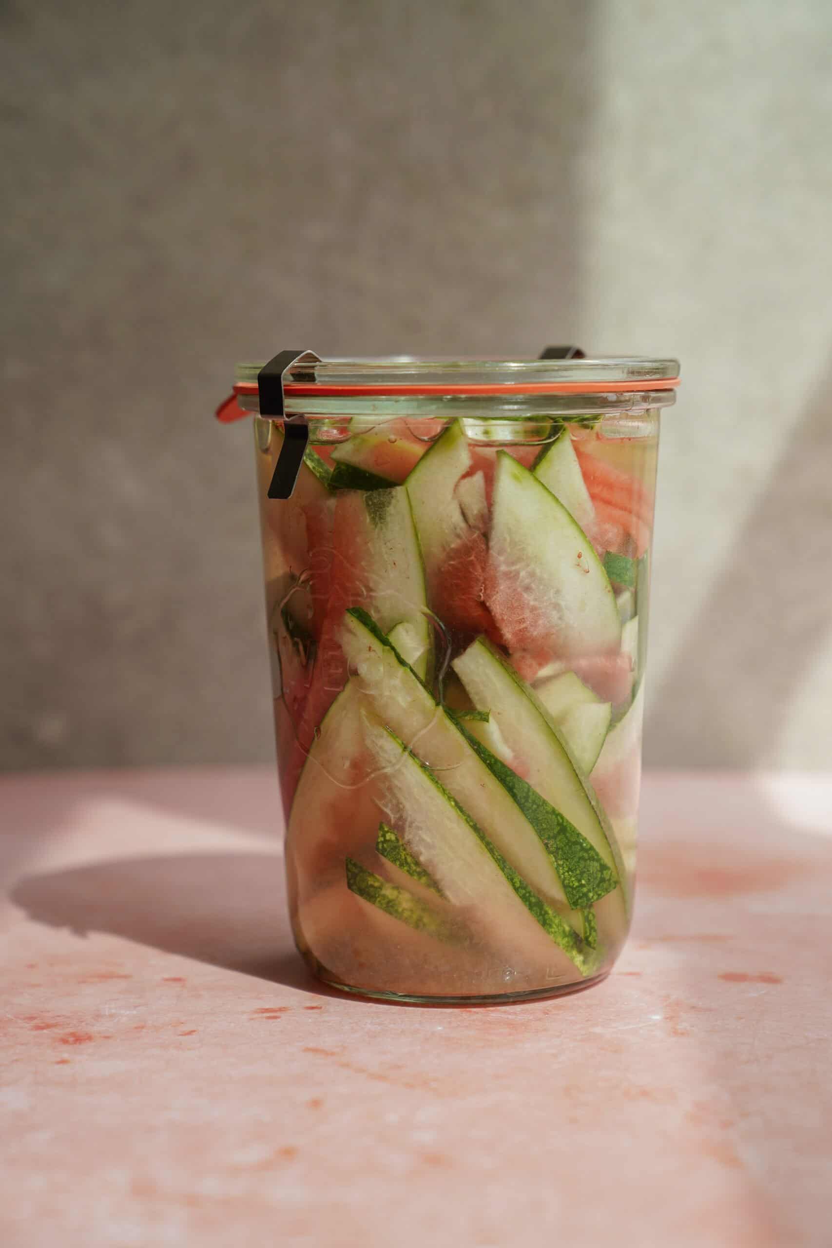 Pickled watermelon rind in a jar