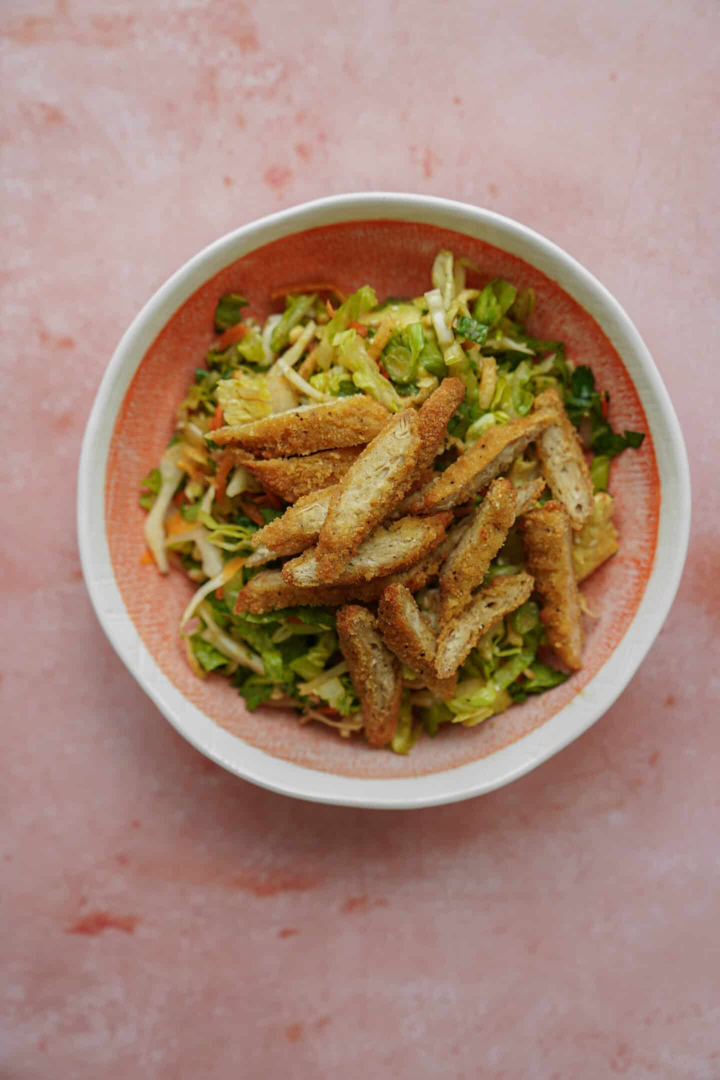 Vegan chicken salad in a serving bowl