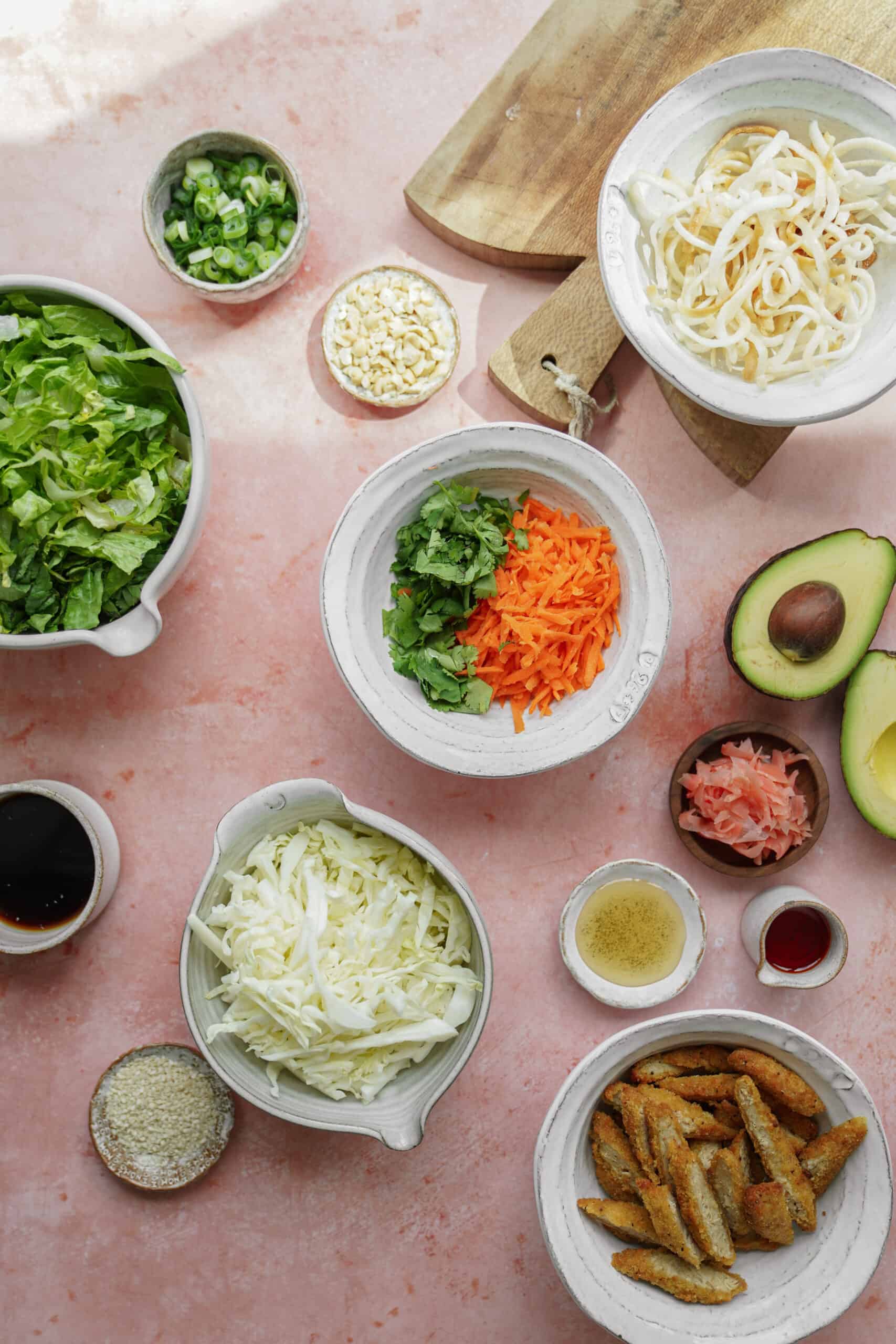 Fresh ingredients for vegan chicken salad on counter