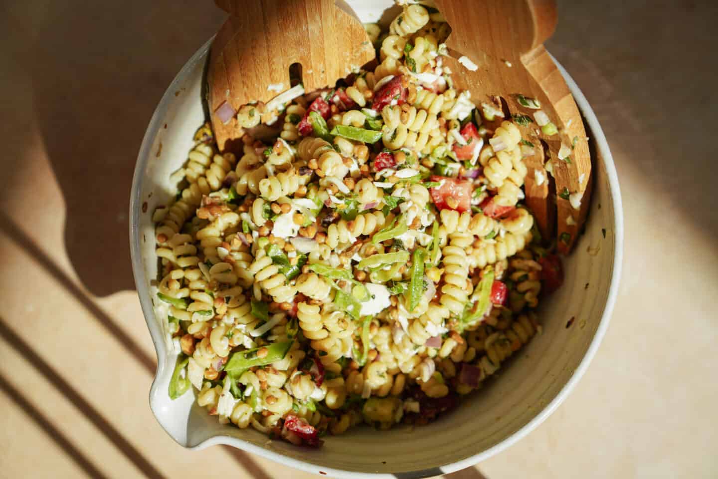 Big pasta salad in a bowl