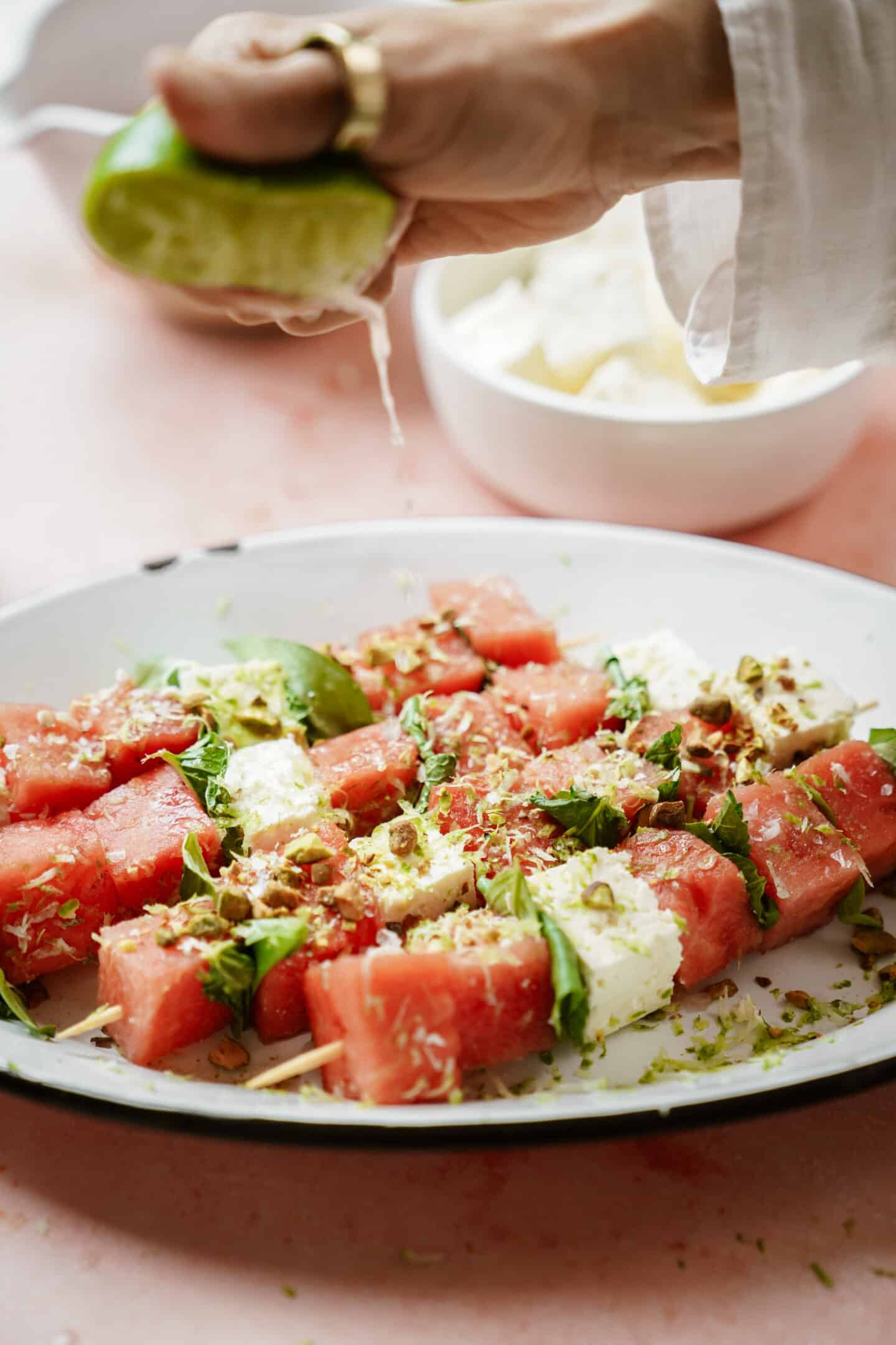 Watermelon skewers on a plate, a great summer appetizer