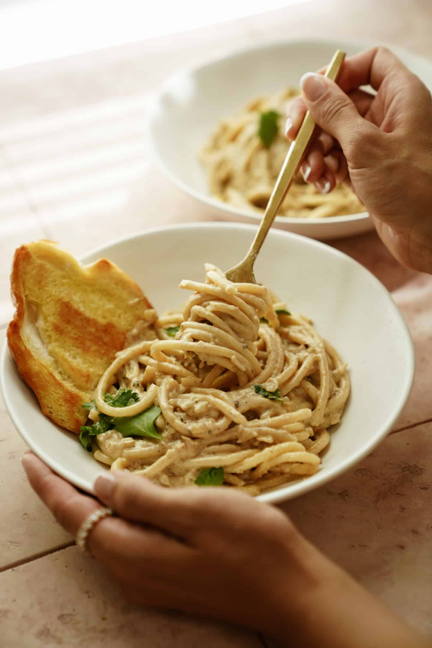 Fork twirling fettuccine alfredo 