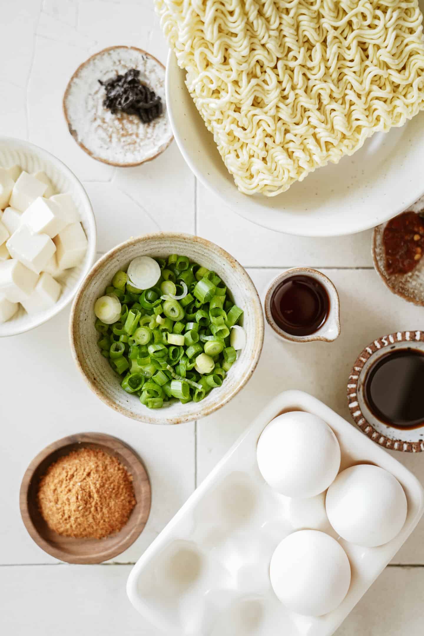 Ingredients for Kylie Jenner ramen laid out on a counter