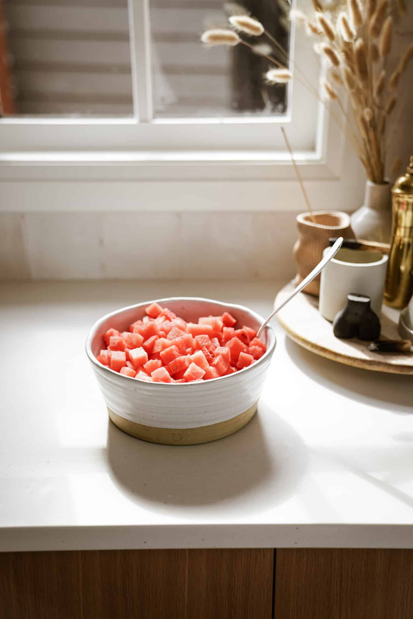 Bowl of watermelon on counter