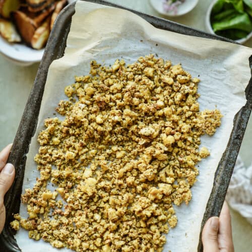 Baked tofu on a baking sheet