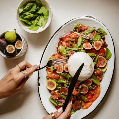 Burrata salad on a big serving dish