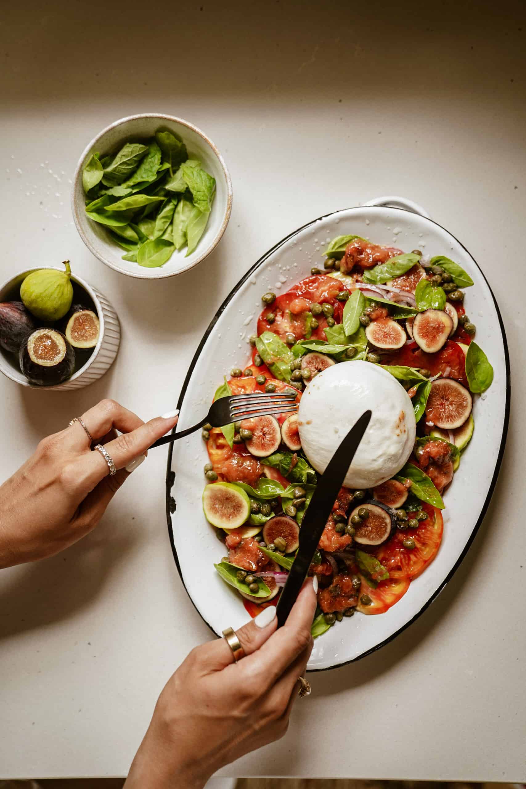 Burrata salad on a big serving dish