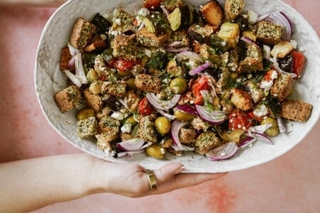 Greek Panzanella Salad with Homemade Croutons (Grain Free)