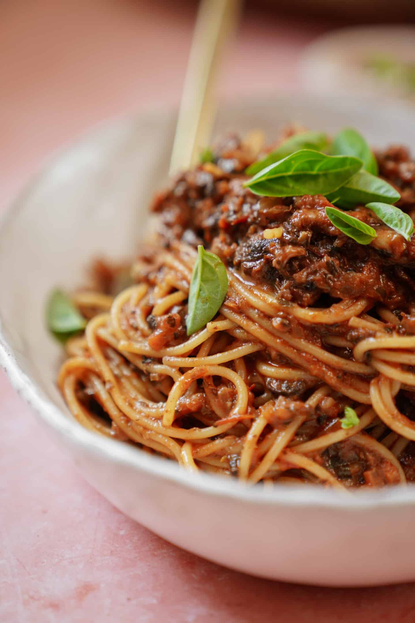Close up of pasta bolognese