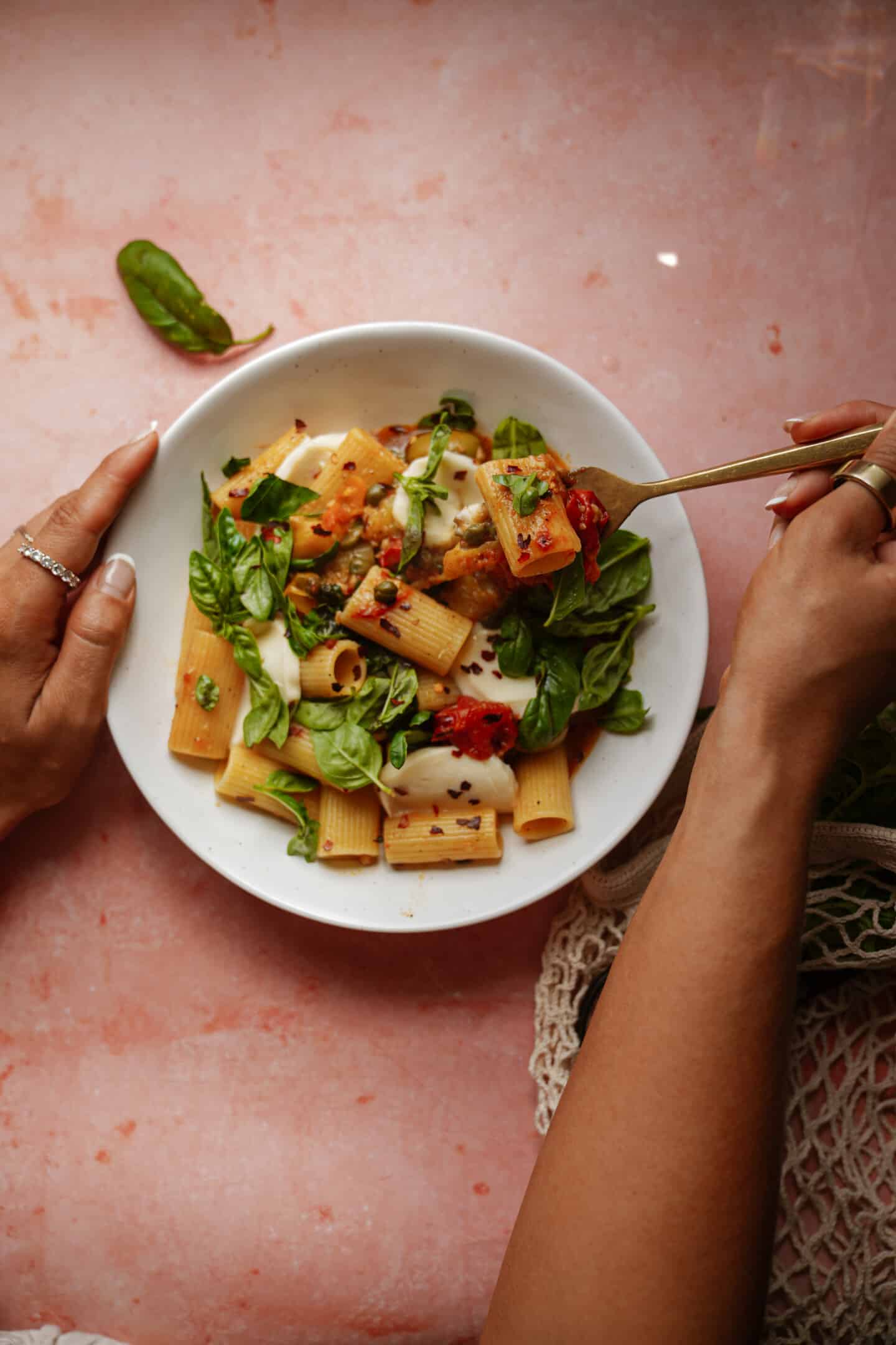 Pasta bowl on counter in white bowl