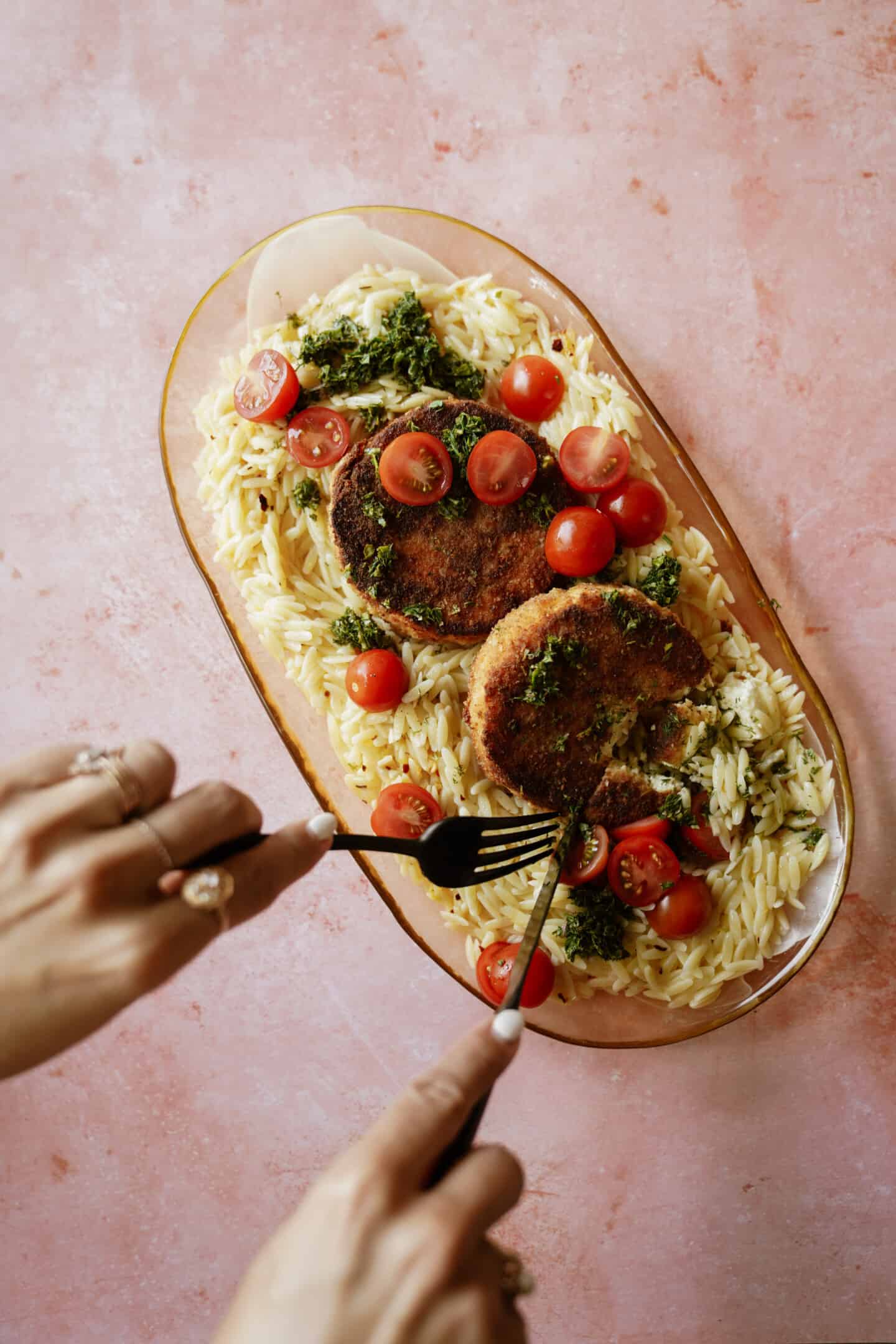 fried feta pasta cut in dish