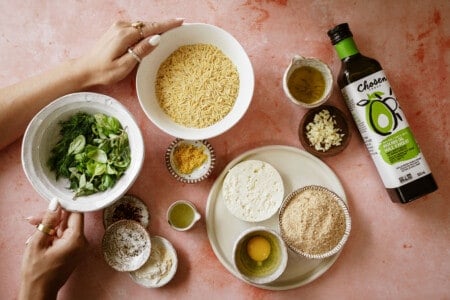 Fried Feta Pasta (Orzo) with Herb Salad