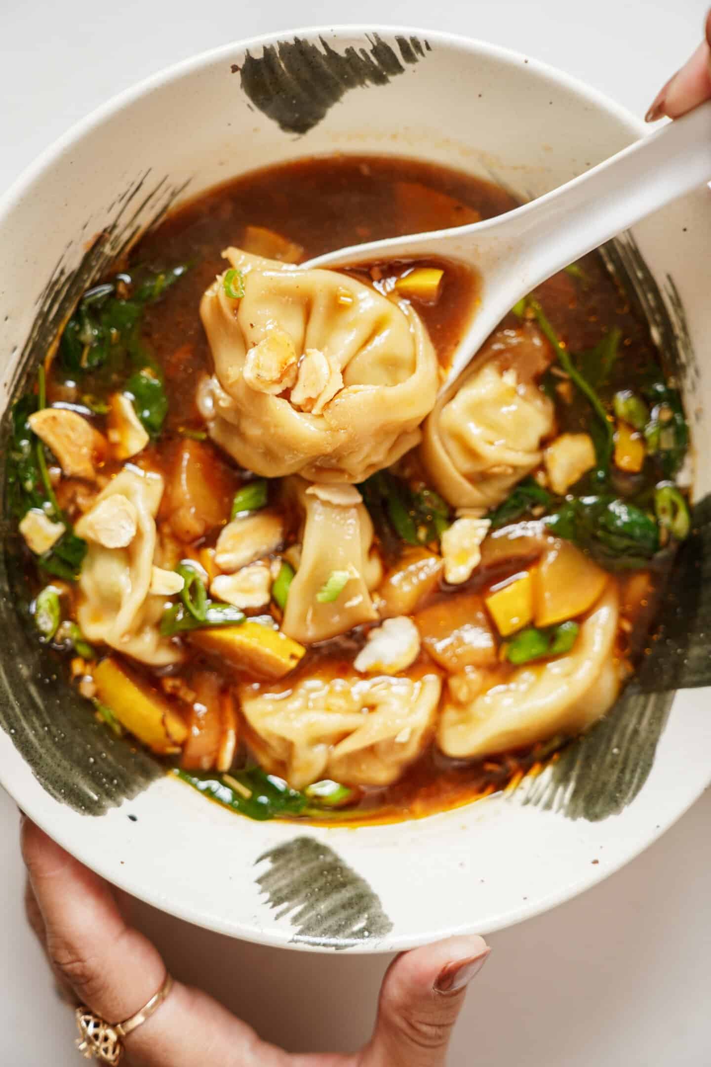 Dumpling Soup in a bowl with a spoon