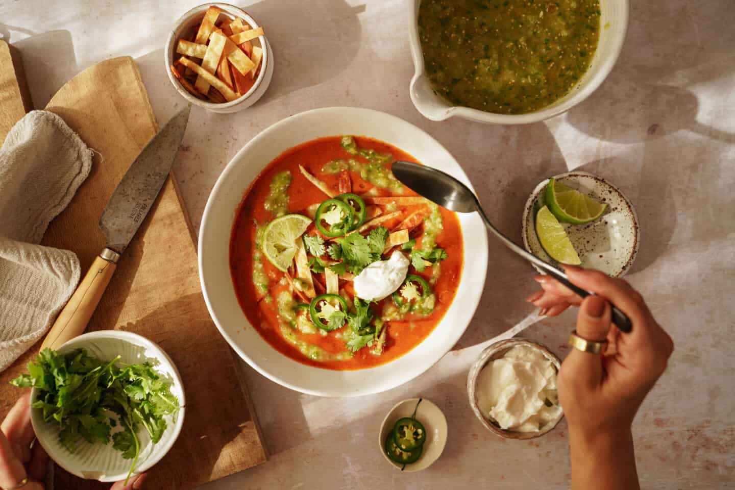 Delicious bowl of tortilla soup on counter