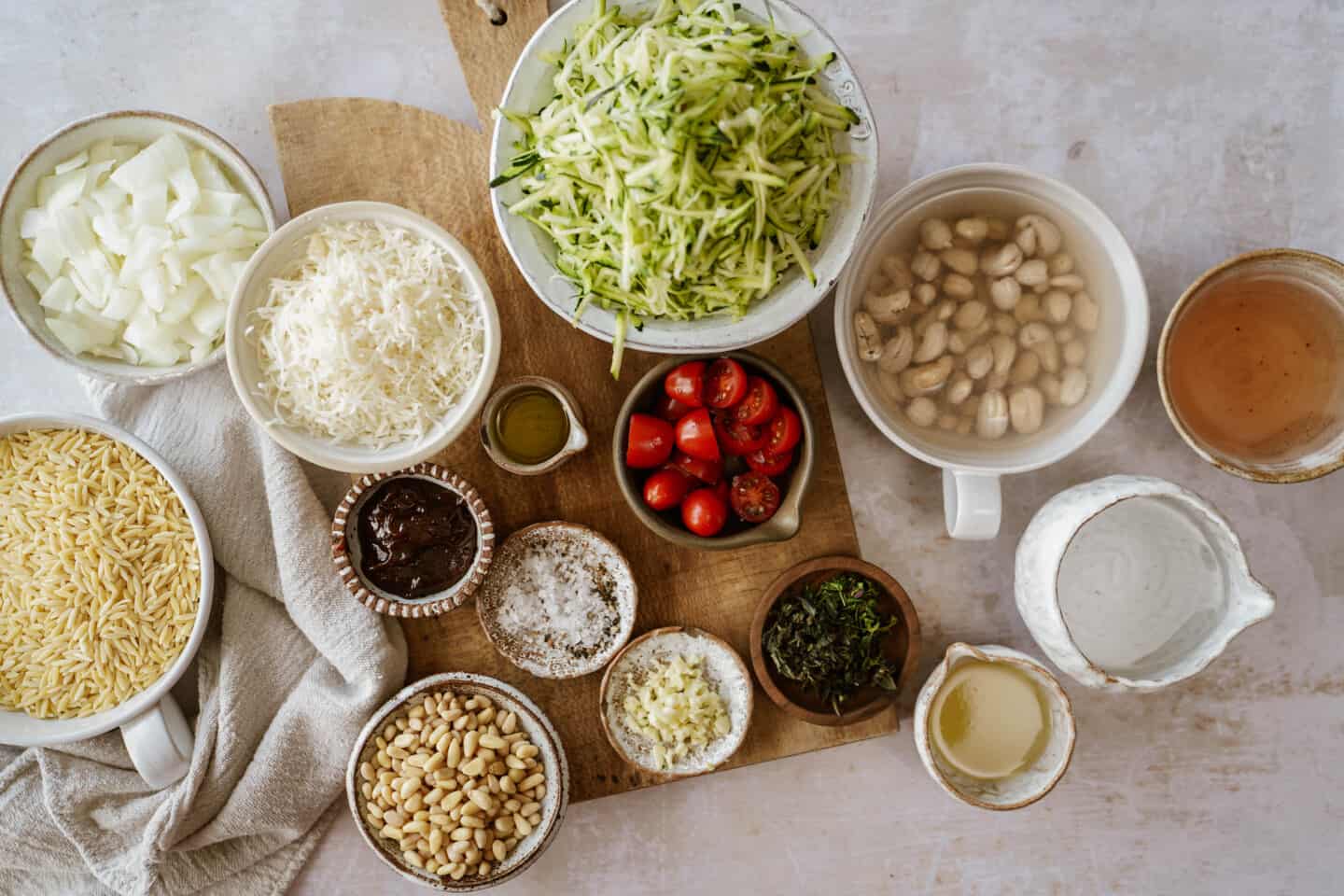 Ingredients for vegan orzo on counter