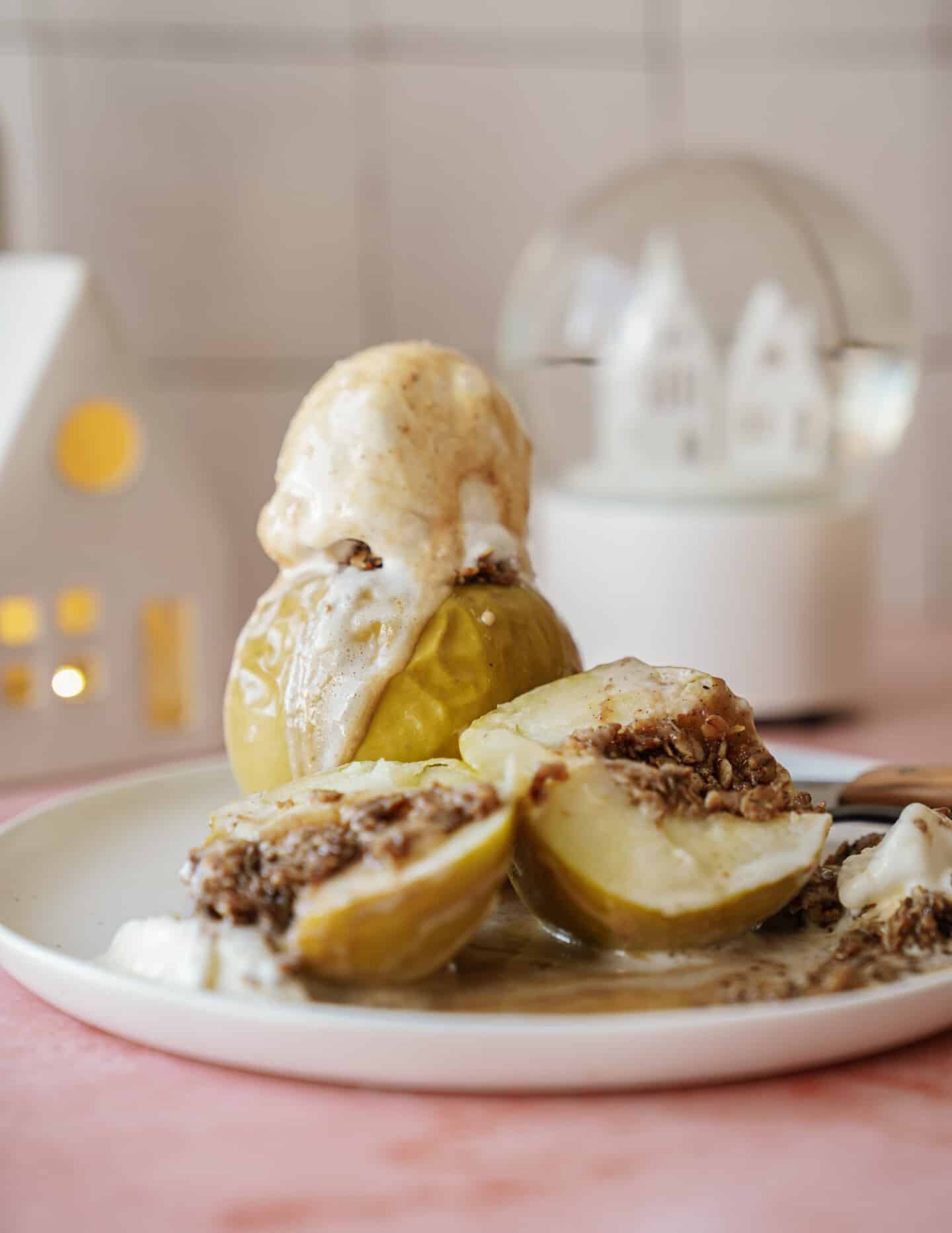 Baked apples sundae with apple split in half