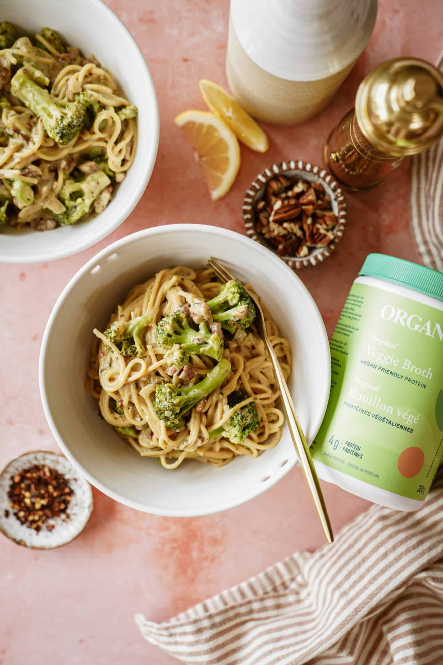 Broccoli pasta in a white bowl