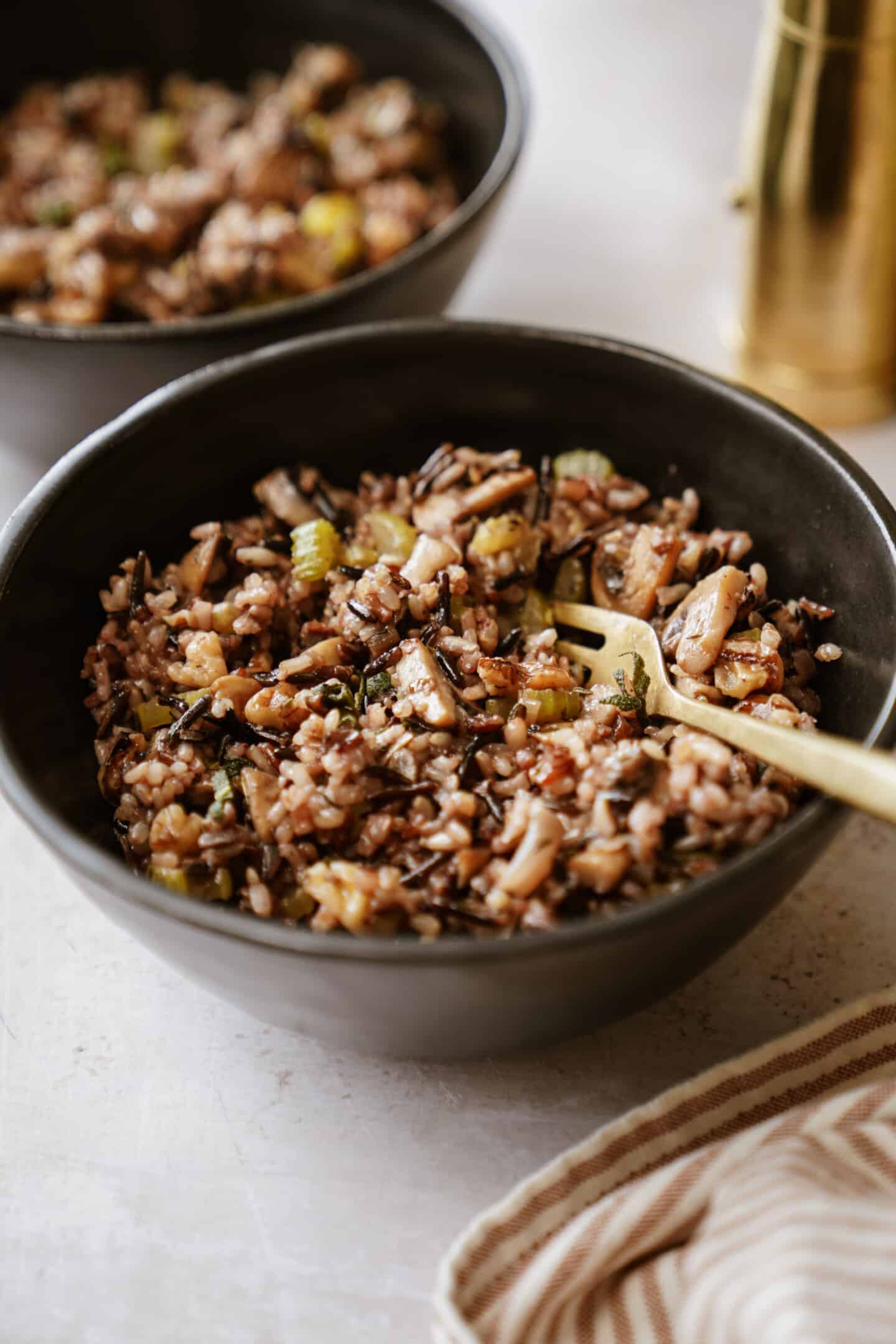 Vegetarian stuffing in a bowl with a spoon