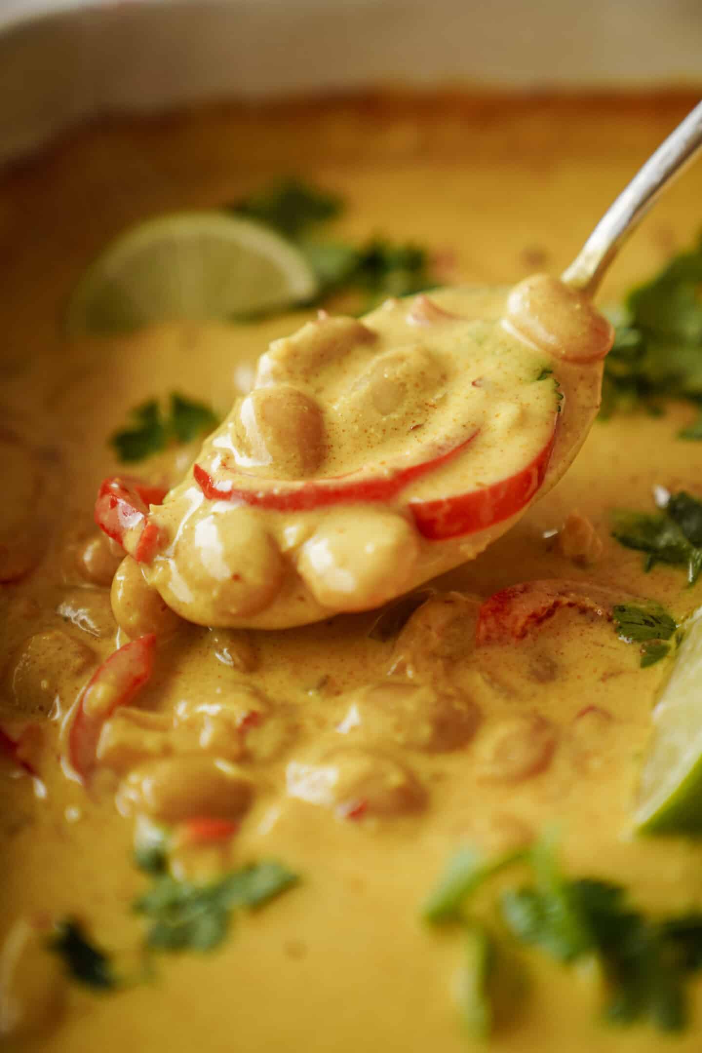 Close-up of curry butter beans recipe