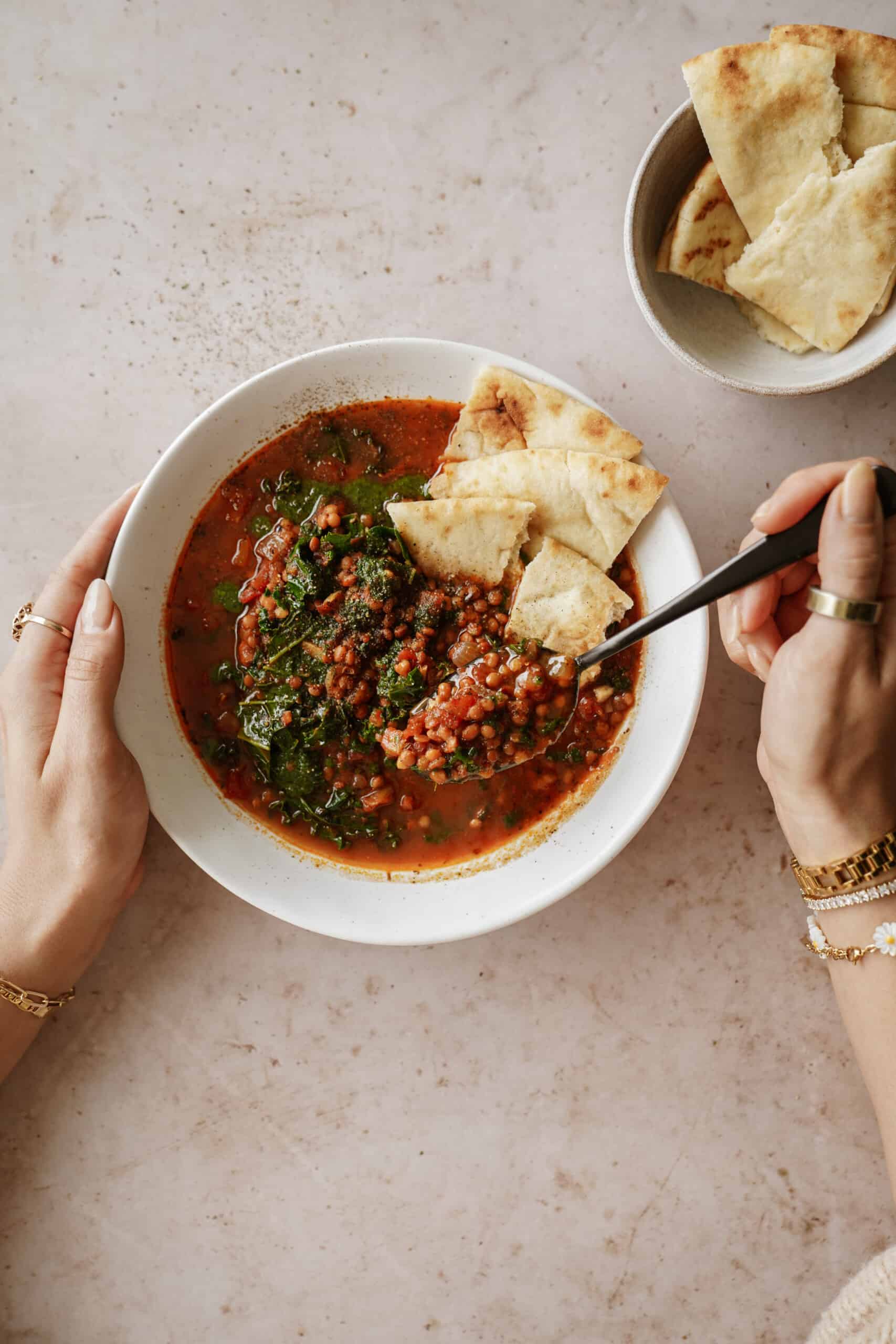 Lentil stew in a white bowl