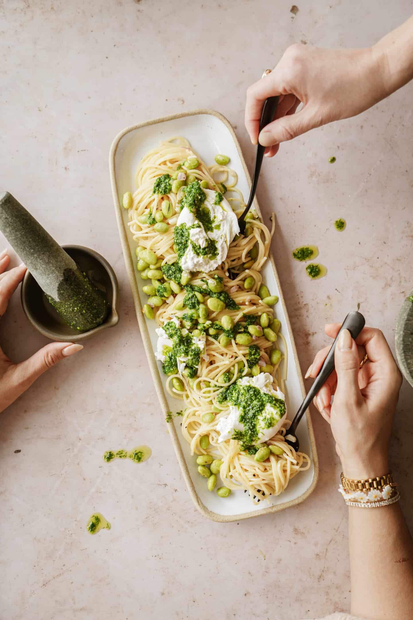 Serving platter of pesto pasta