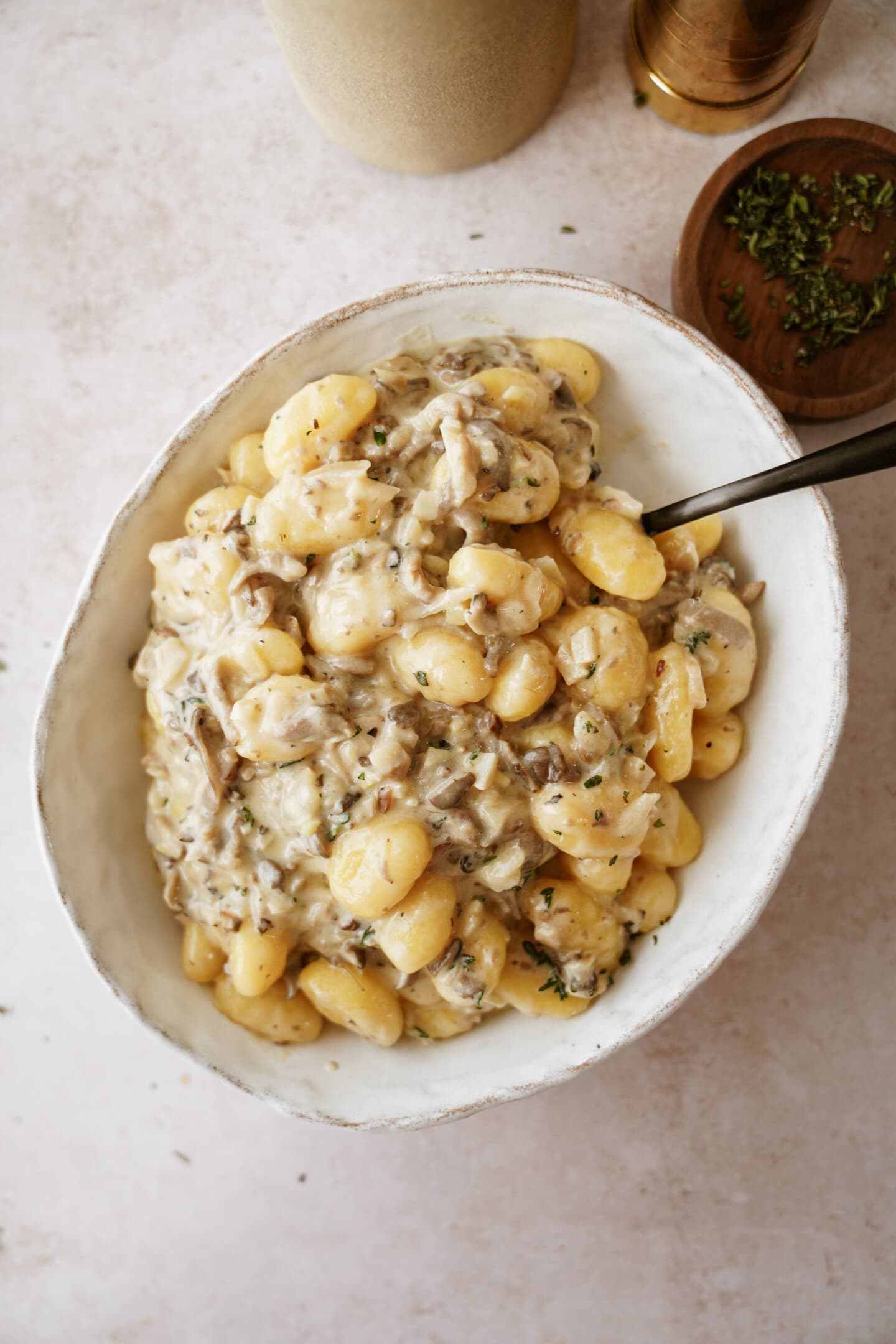 Mushroom gnocchi in a serving bowl