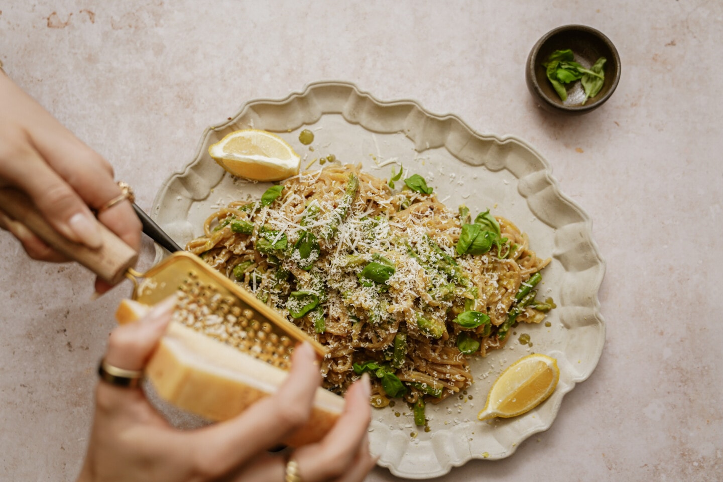 White wine spaghetti sauce on a serving platter