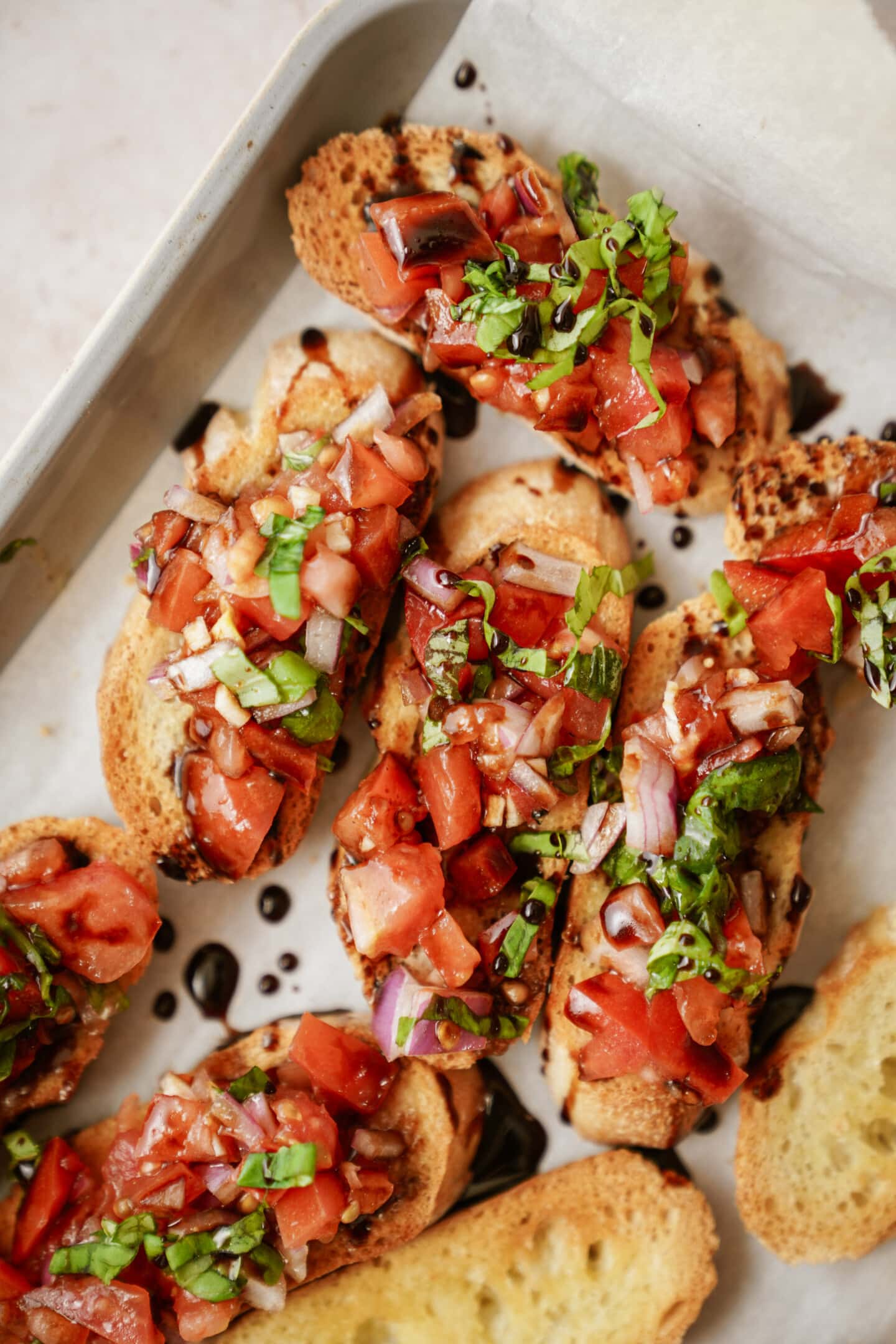 Bruschetta recipe on a baking tray