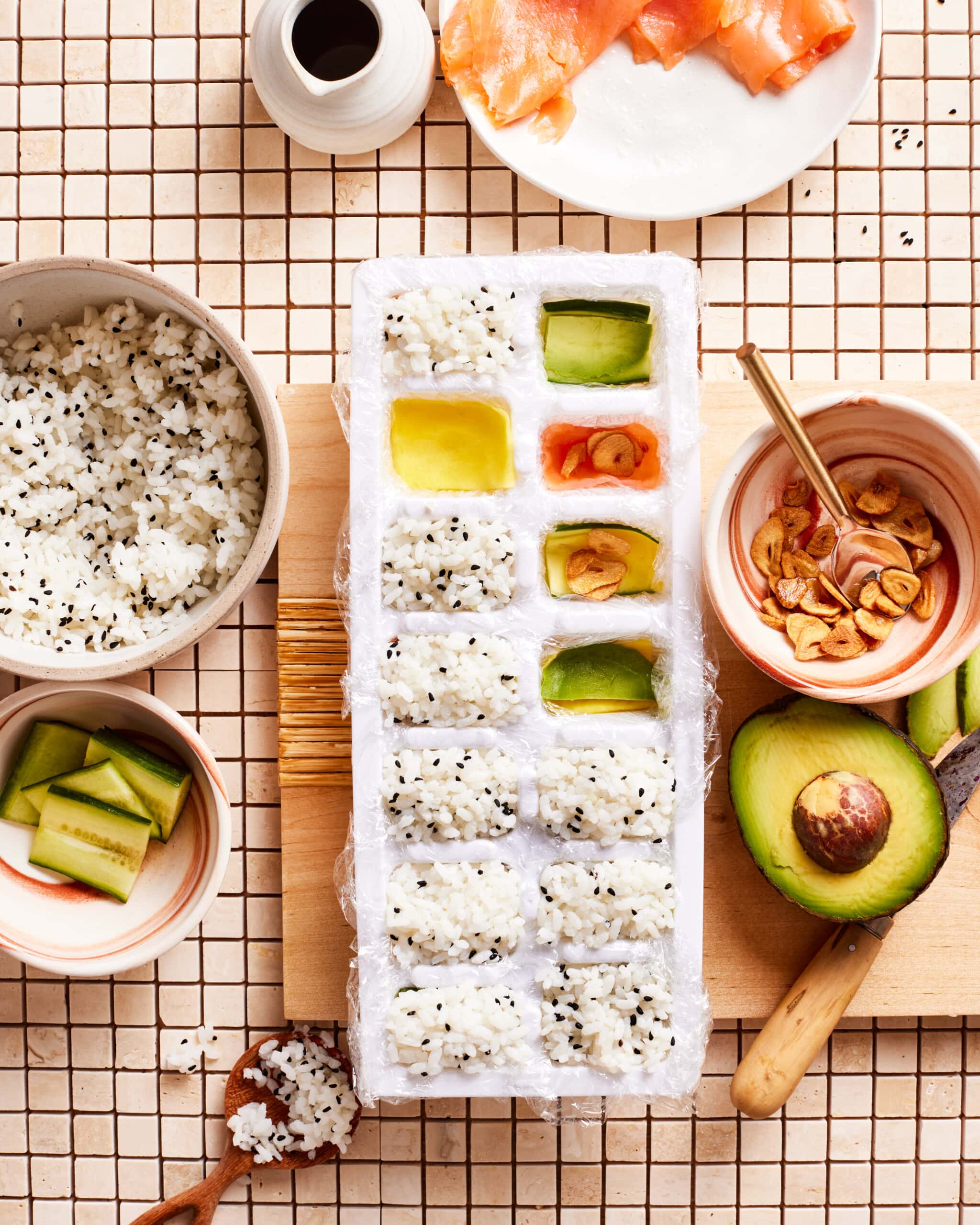 Homemade sushi in an ice cube tray